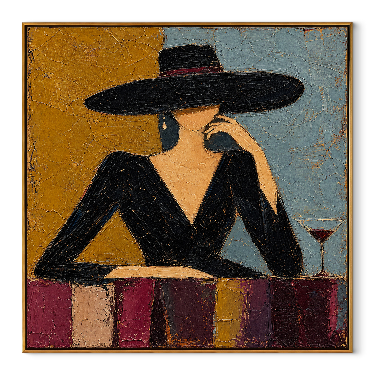 Amber Conversation – woman in black dress at the table, Retro Modern square wall art - wood frame on white background
