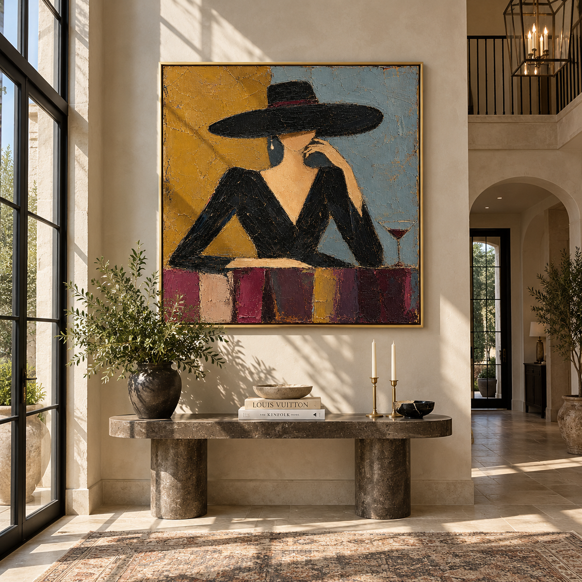 Amber Conversation – woman in black dress at the table, Retro Modern square wall art - displayed on a calm bedroom wall
