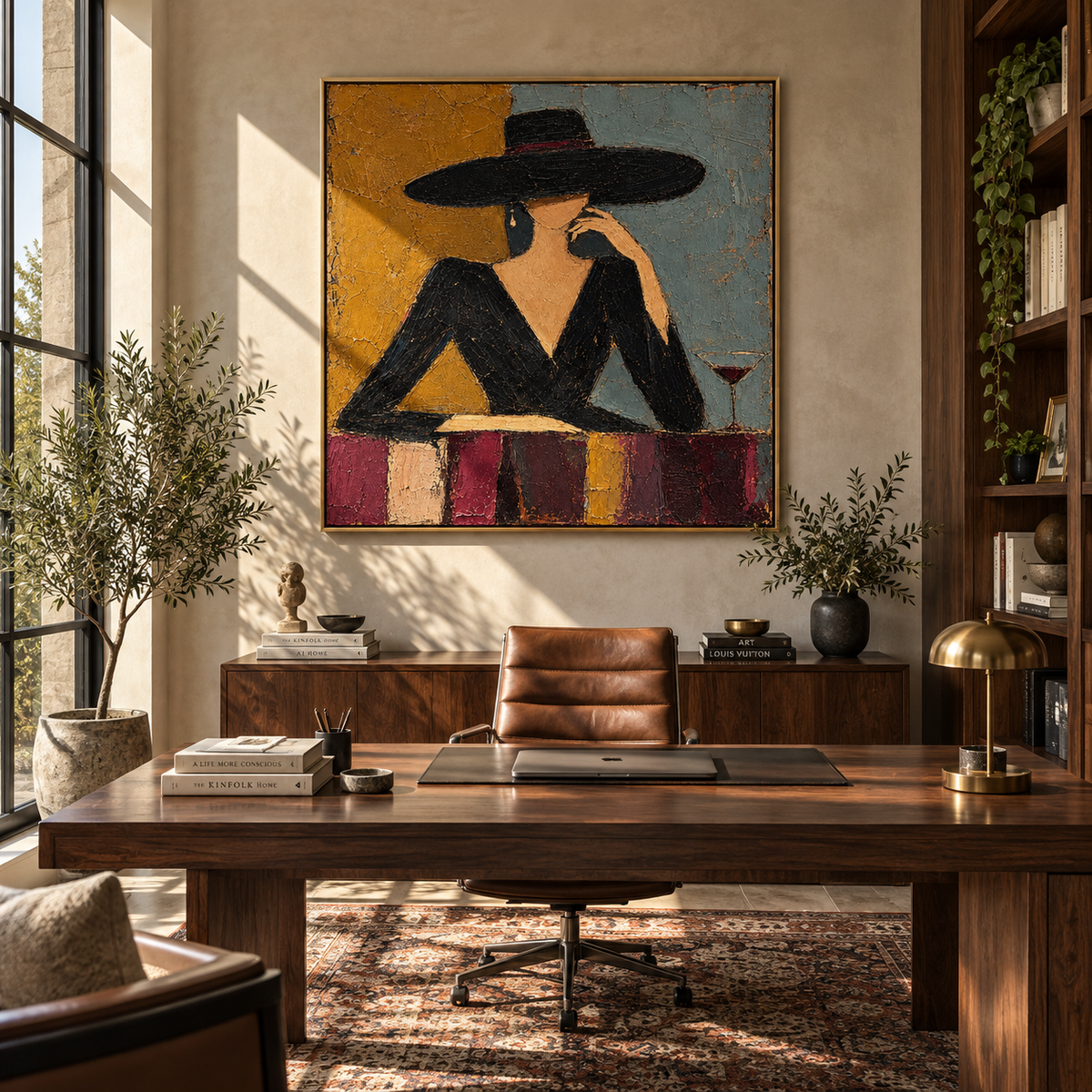 Amber Conversation – woman in black dress at the table, Retro Modern square wall art - displayed beside a home office desk