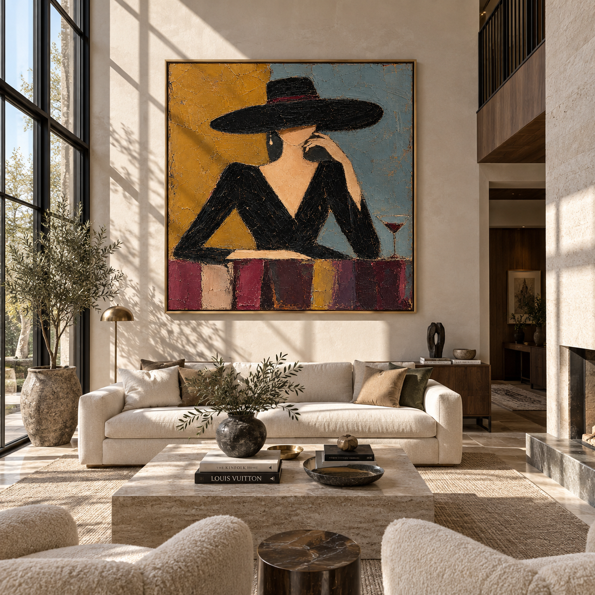 Amber Conversation – woman in black dress at the table, Retro Modern square wall art - displayed in a collected modern lounge