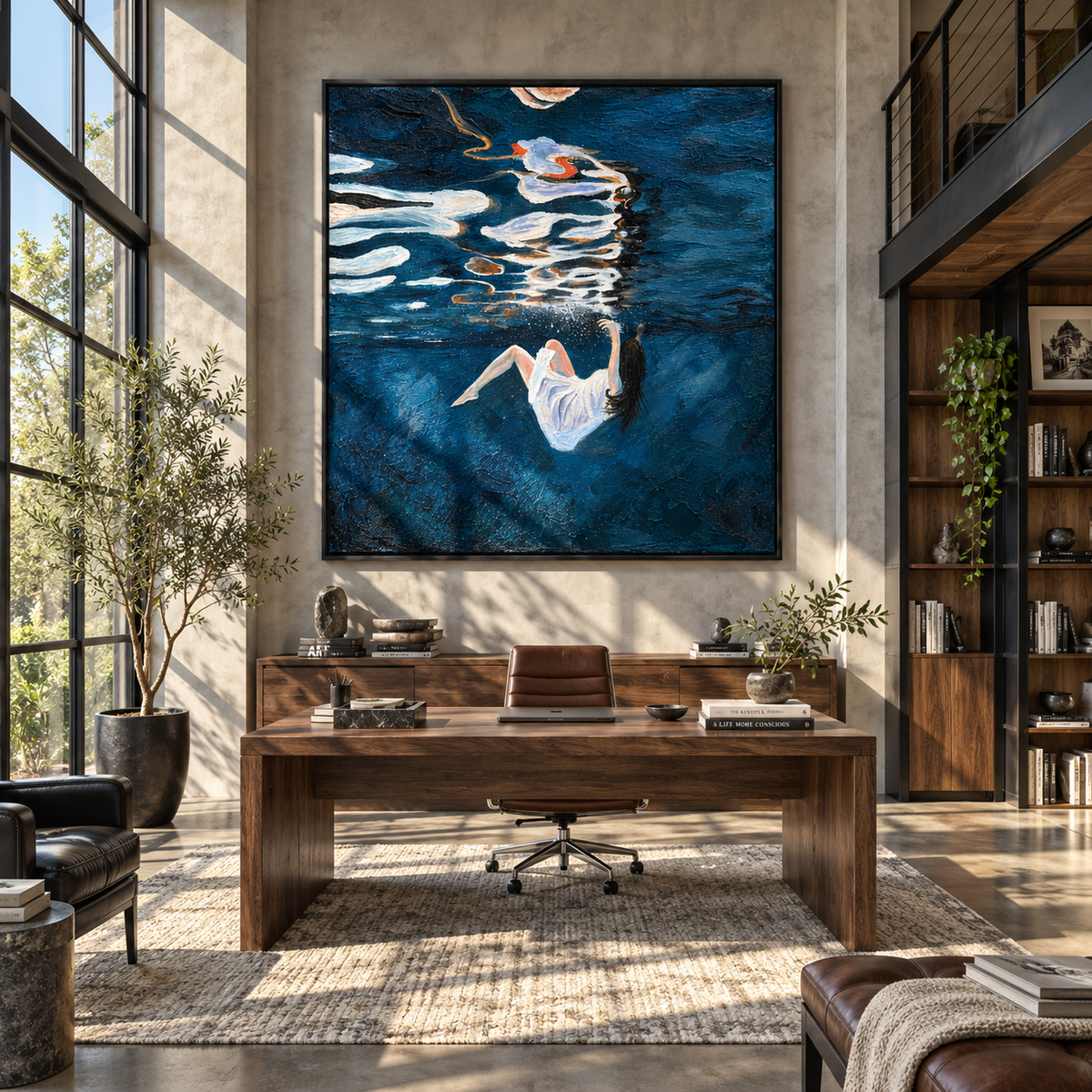 Night Drift – woman floating in dark blue water, Retro Modern square wall art - displayed above a living room console