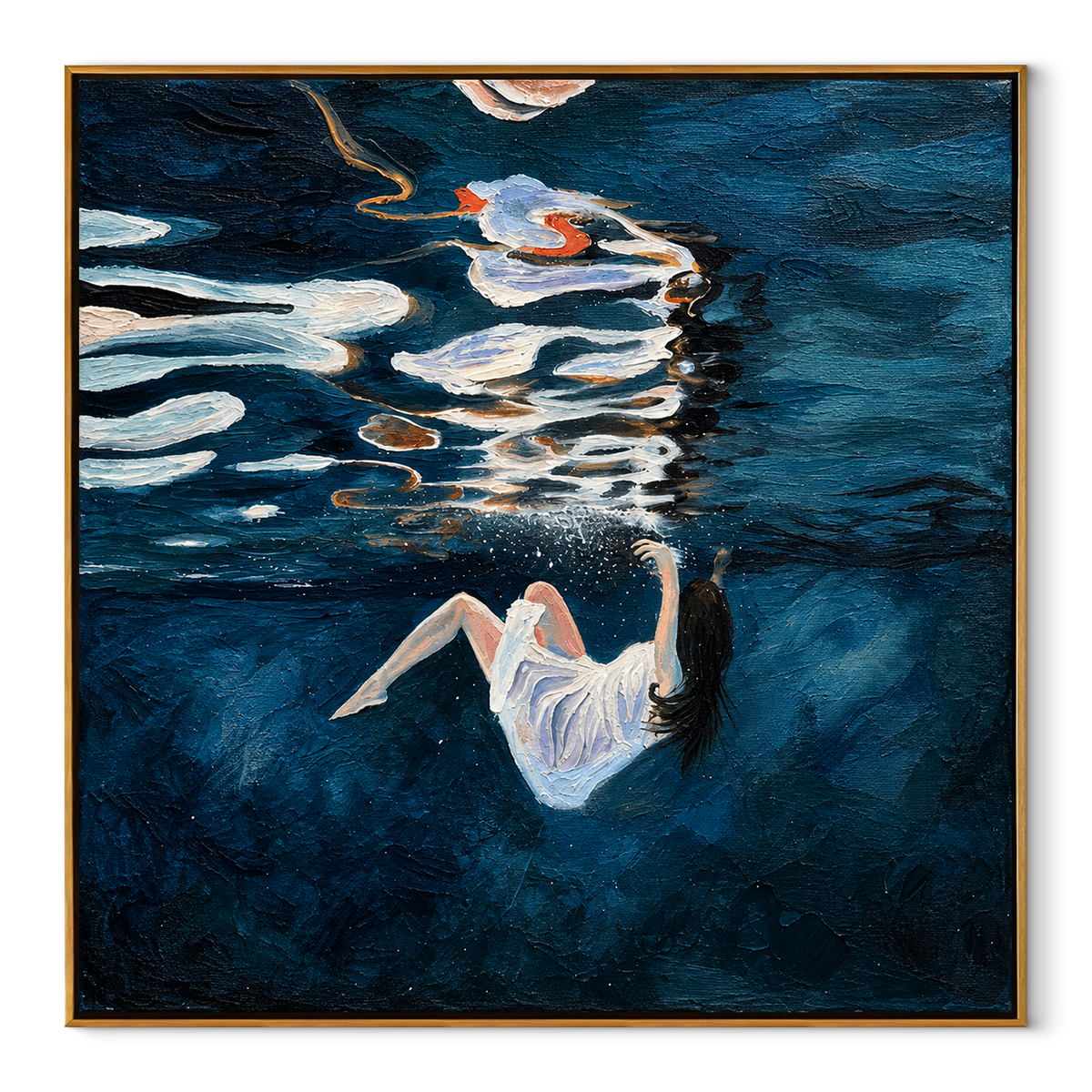 Night Drift – woman floating in dark blue water, Retro Modern square wall art - wood frame on white background