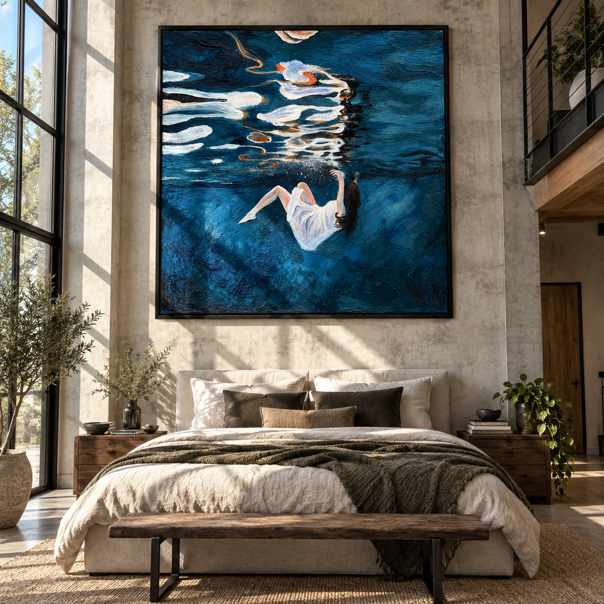 Night Drift – woman floating in dark blue water, Retro Modern square wall art - displayed over a low oak cabinet