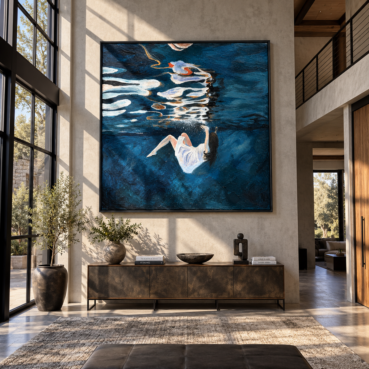 Night Drift – woman floating in dark blue water, Retro Modern square wall art - displayed in a collected modern lounge