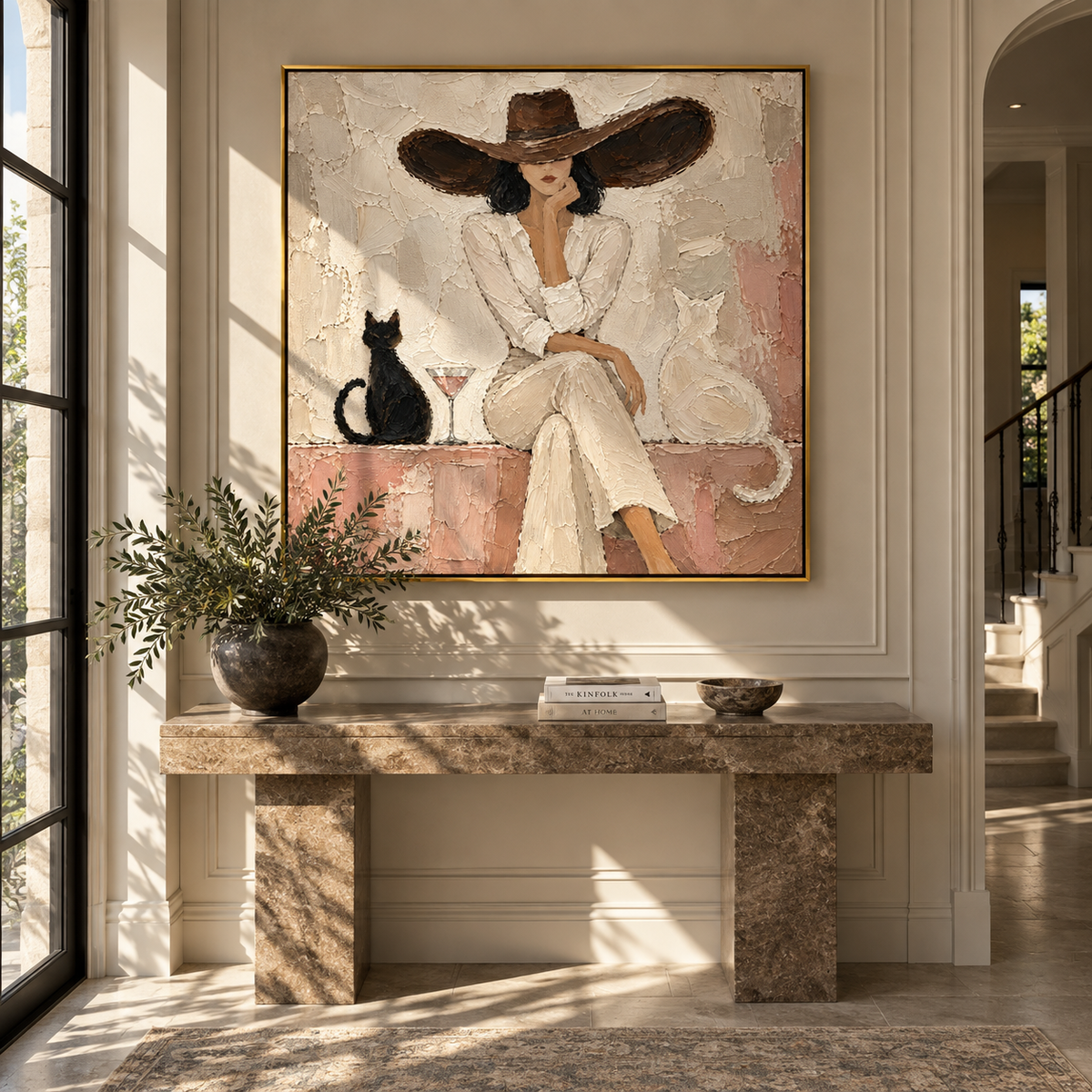Martini Between Two Cats – ivory woman and cats painting, displayed in a styled contemporary interior