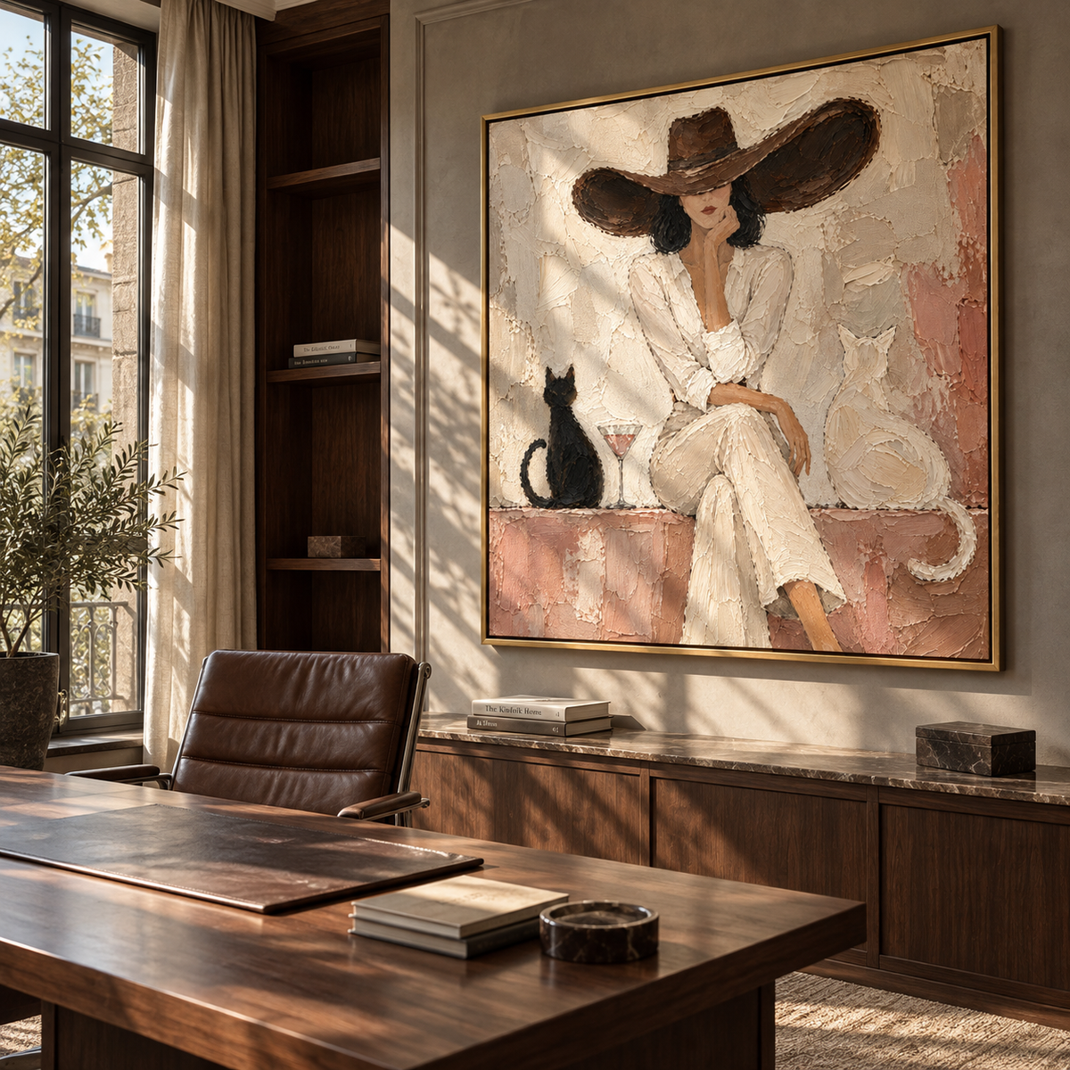 Martini Between Two Cats – textured fashion artwork shown in an alternate interior setting