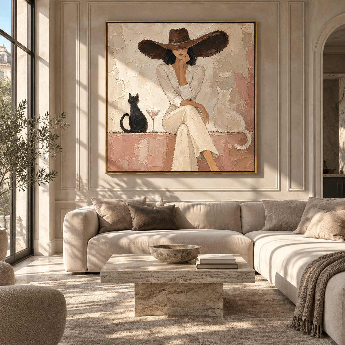 Martini Between Two Cats – square portrait painting styled with modern furnishings