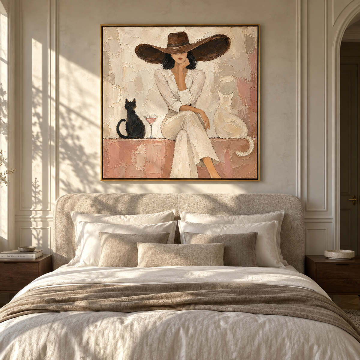 Martini Between Two Cats – textured square painting displayed in a refined interior