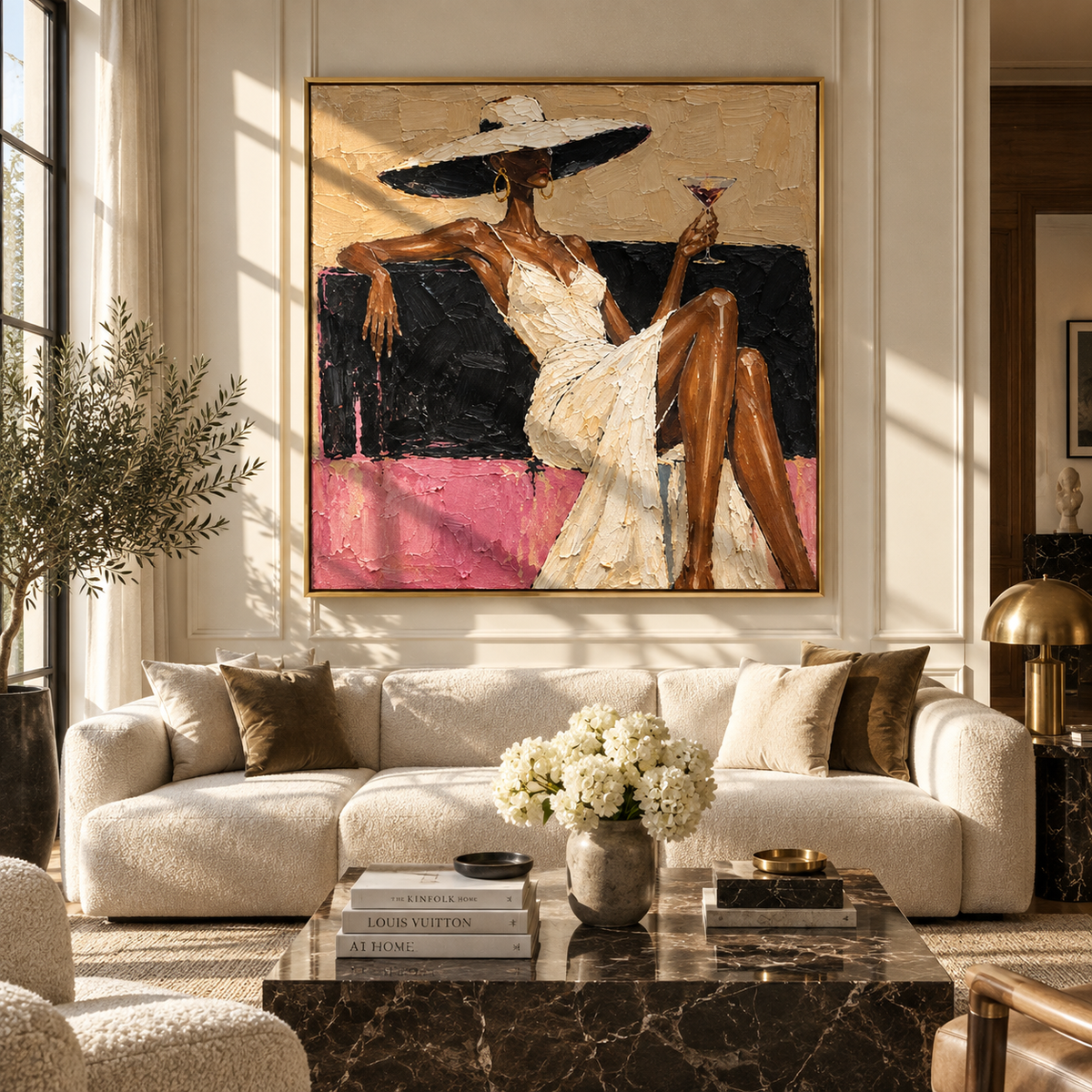 Ivory Brim After Dark – glamorous woman with martini painting, displayed in a styled contemporary interior