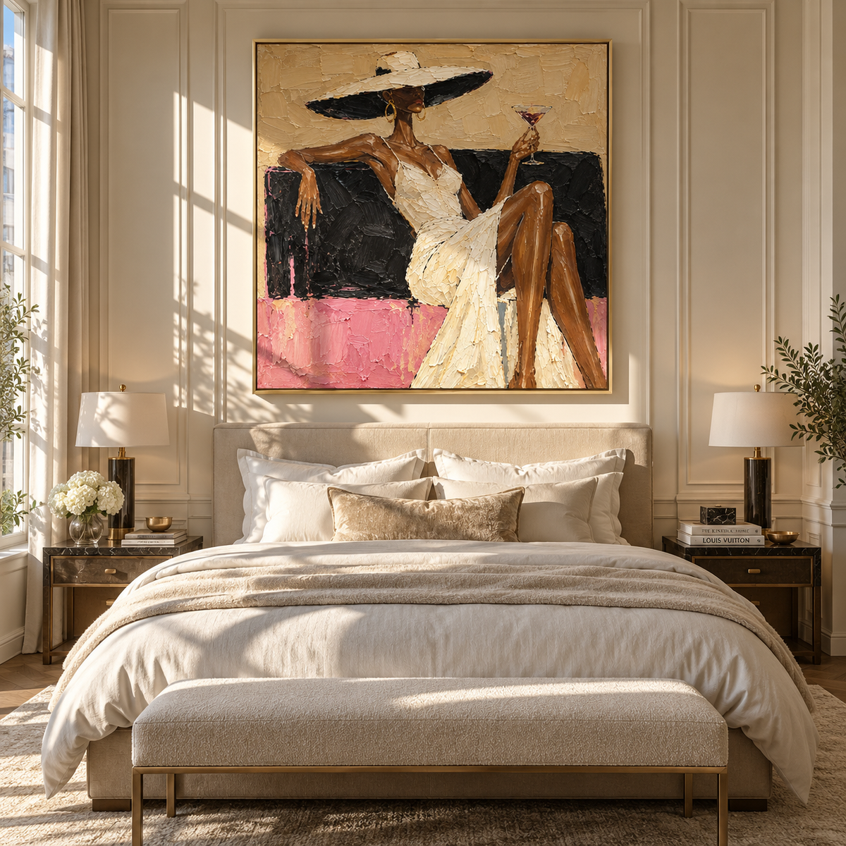 Ivory Brim After Dark – square portrait painting styled with modern furnishings