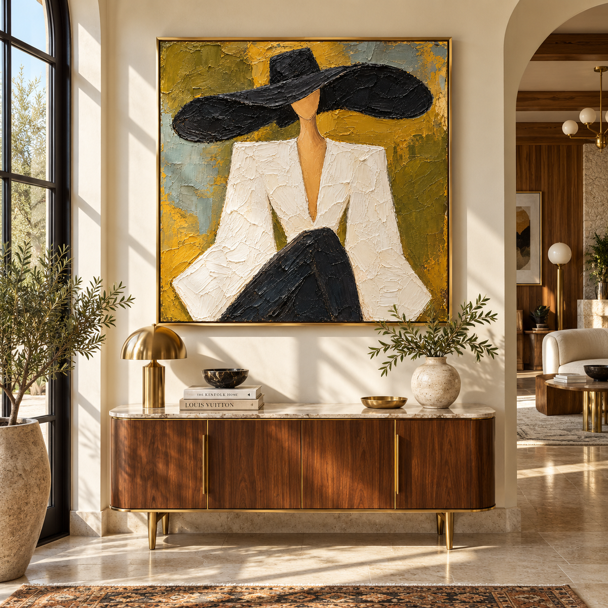 Mustard Room Black Brim – seated woman portrait painting, displayed in a styled contemporary interior