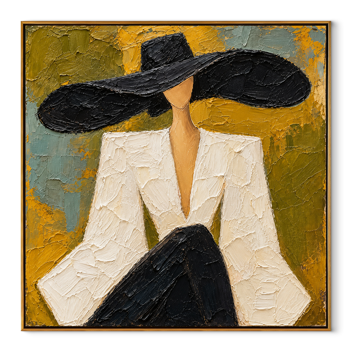 Mustard Room Black Brim – square seated woman portrait painting in a wood frame on a clean white background