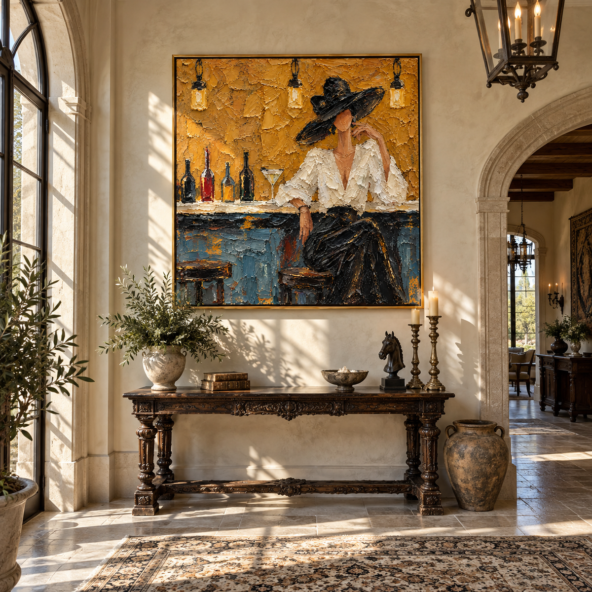 Amber Bar Cocktail Hour – fashion woman painting, displayed in a styled contemporary interior