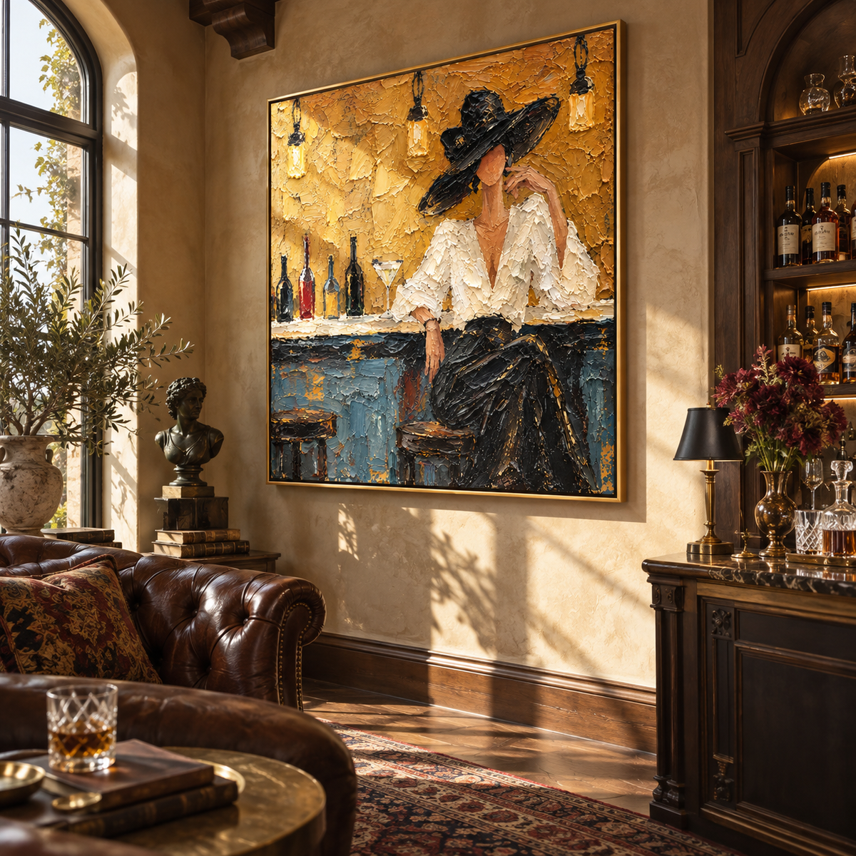 Amber Bar Cocktail Hour – square portrait painting styled with modern furnishings