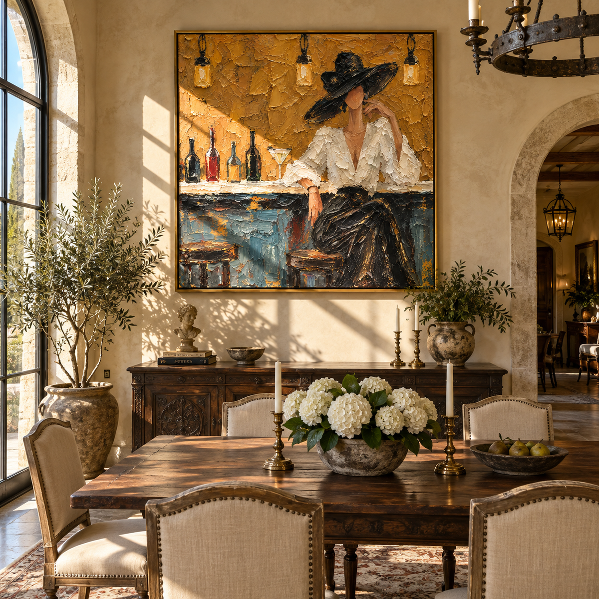 Amber Bar Cocktail Hour – textured square painting displayed in a refined interior