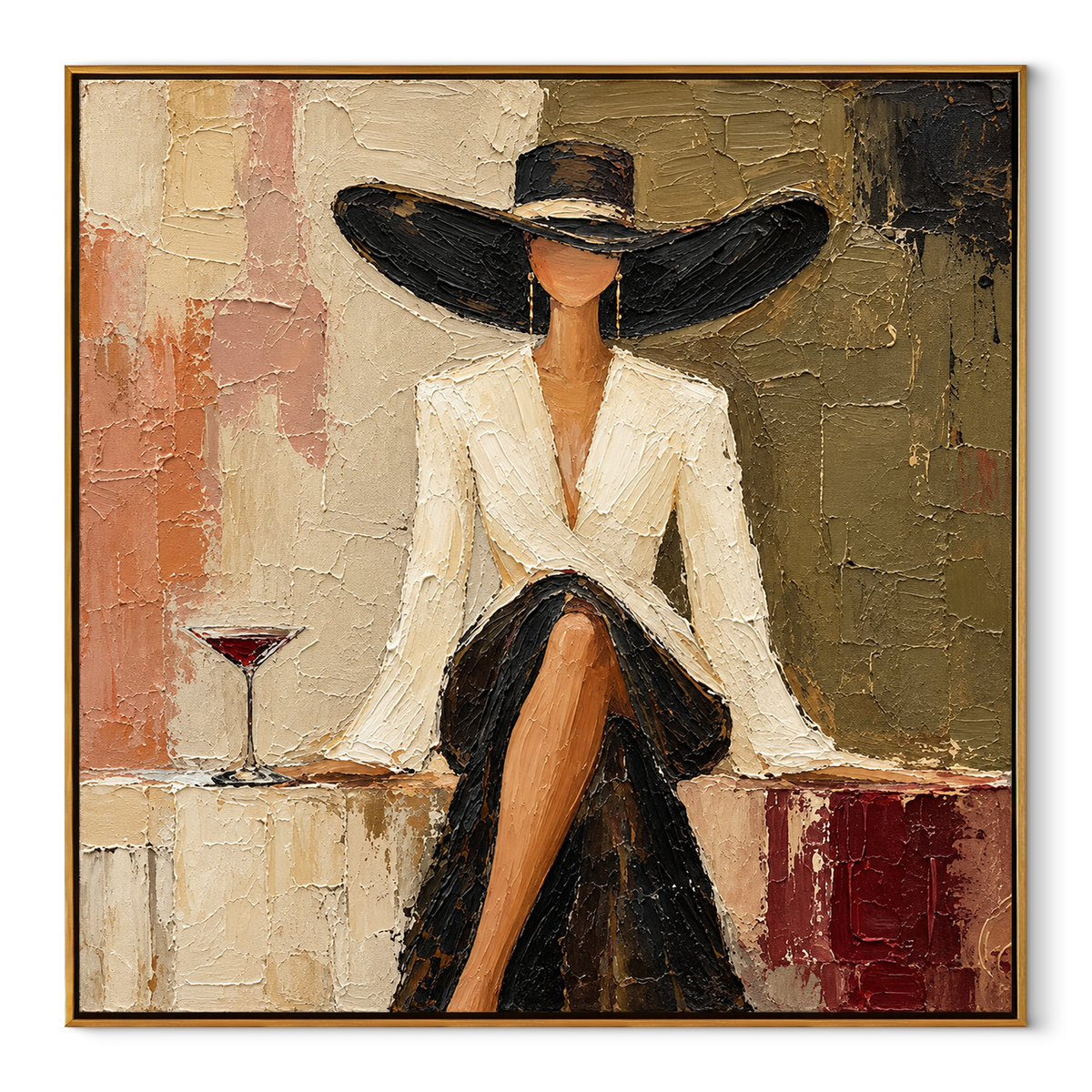 Burgundy Table White Blazer – square fashion portrait painting in a wood frame on a clean white background