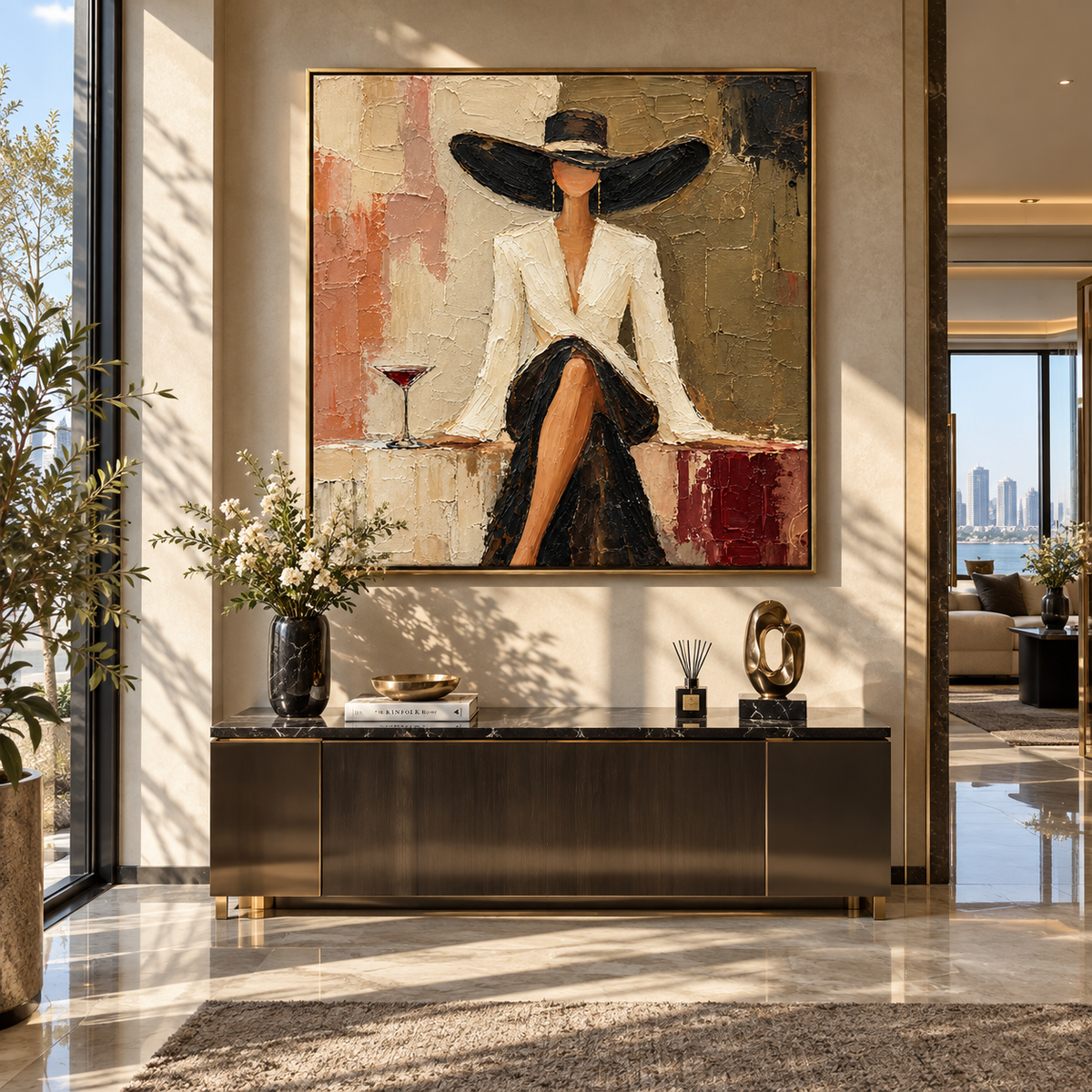 Burgundy Table White Blazer – square portrait painting styled with modern furnishings