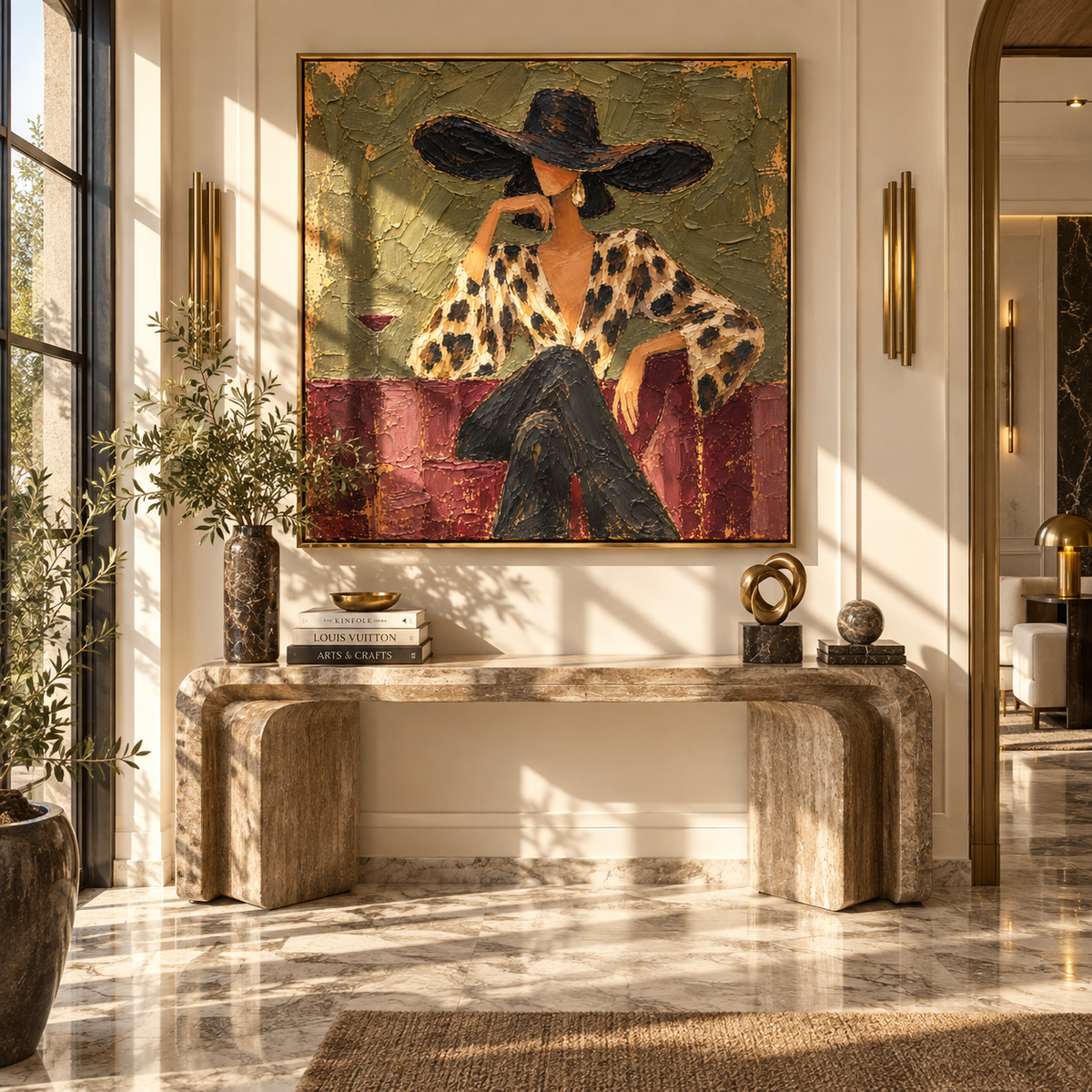 Leopard Print Olive Hour – woman with martini painting, displayed in a styled contemporary interior