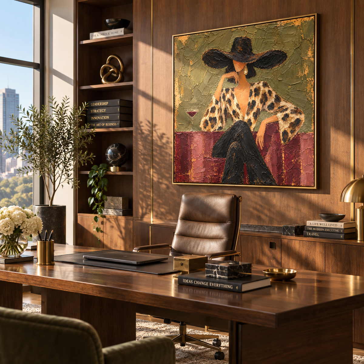 Leopard Print Olive Hour – textured fashion artwork shown in an alternate interior setting