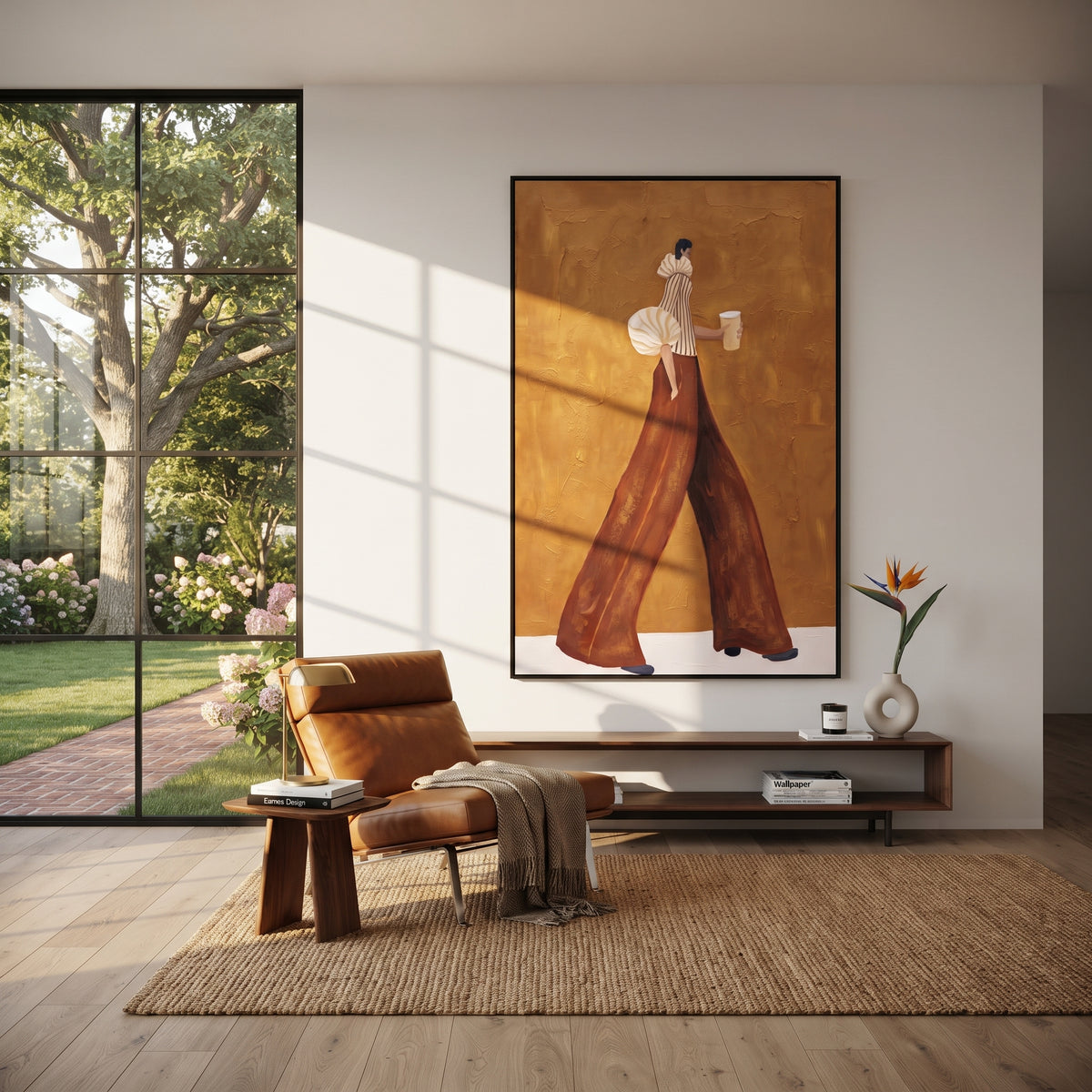 Coffee Across Ochre – walking woman in a striped ivory blouse and sweeping rust-brown trousers carrying a white takeaway cup, displayed in a styled contemporary interior