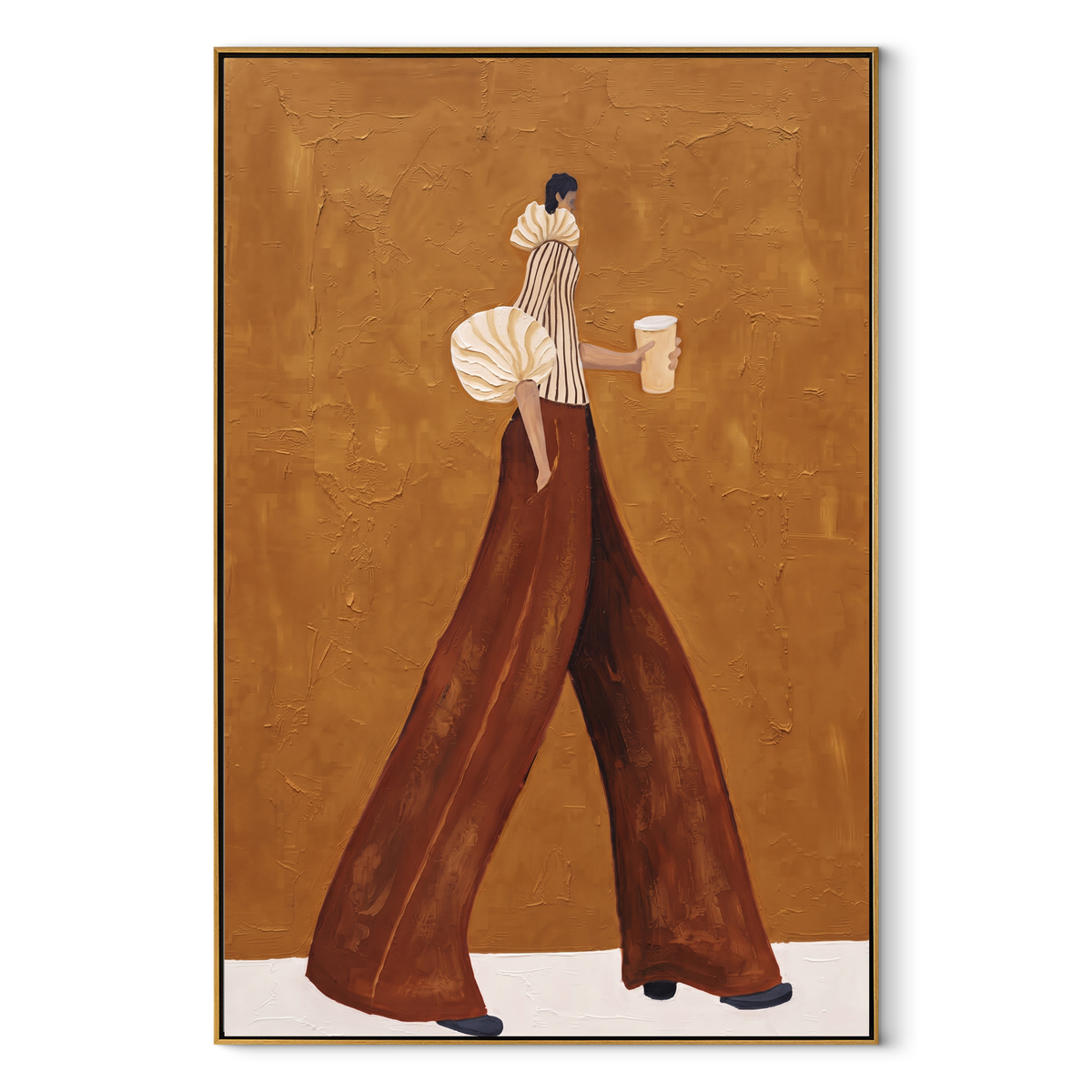 Coffee Across Ochre – vertical retro fashion painting in a wood frame on white