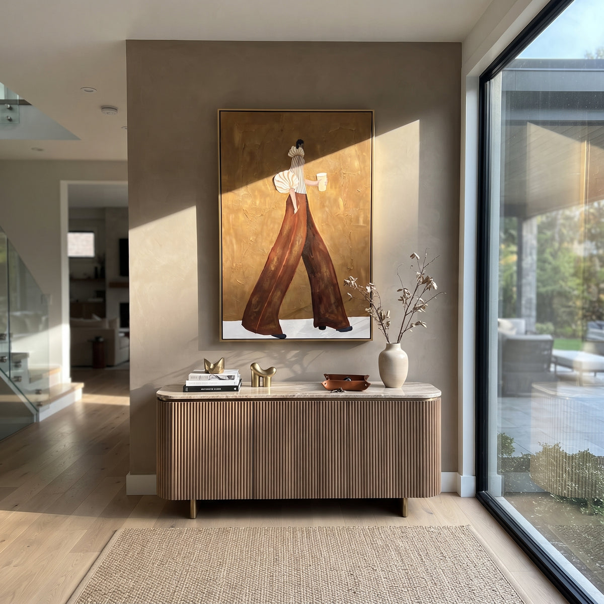 Coffee Across Ochre – textured woman artwork shown in an alternate modern room