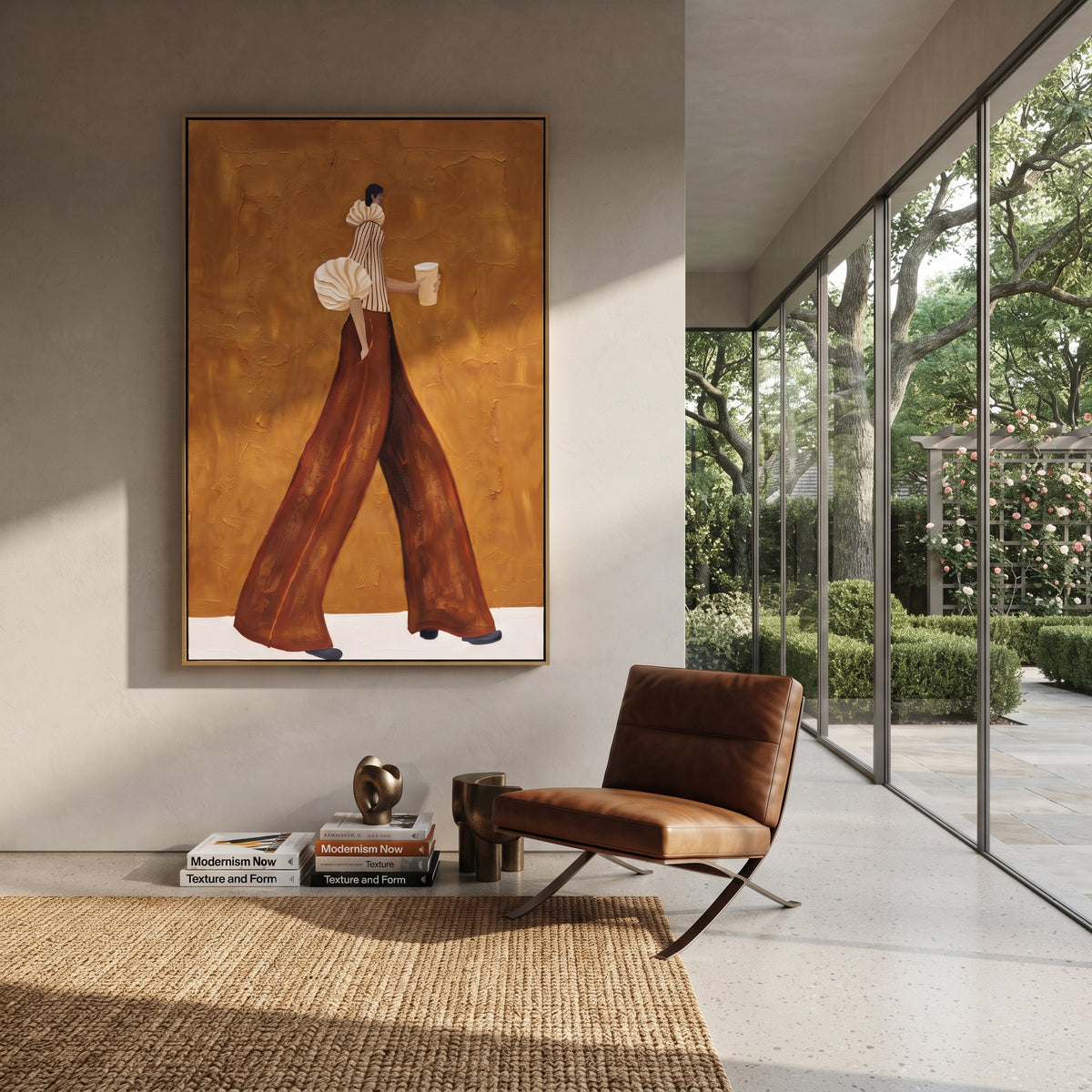 Coffee Across Ochre – textured vertical portrait presented in a coordinated room