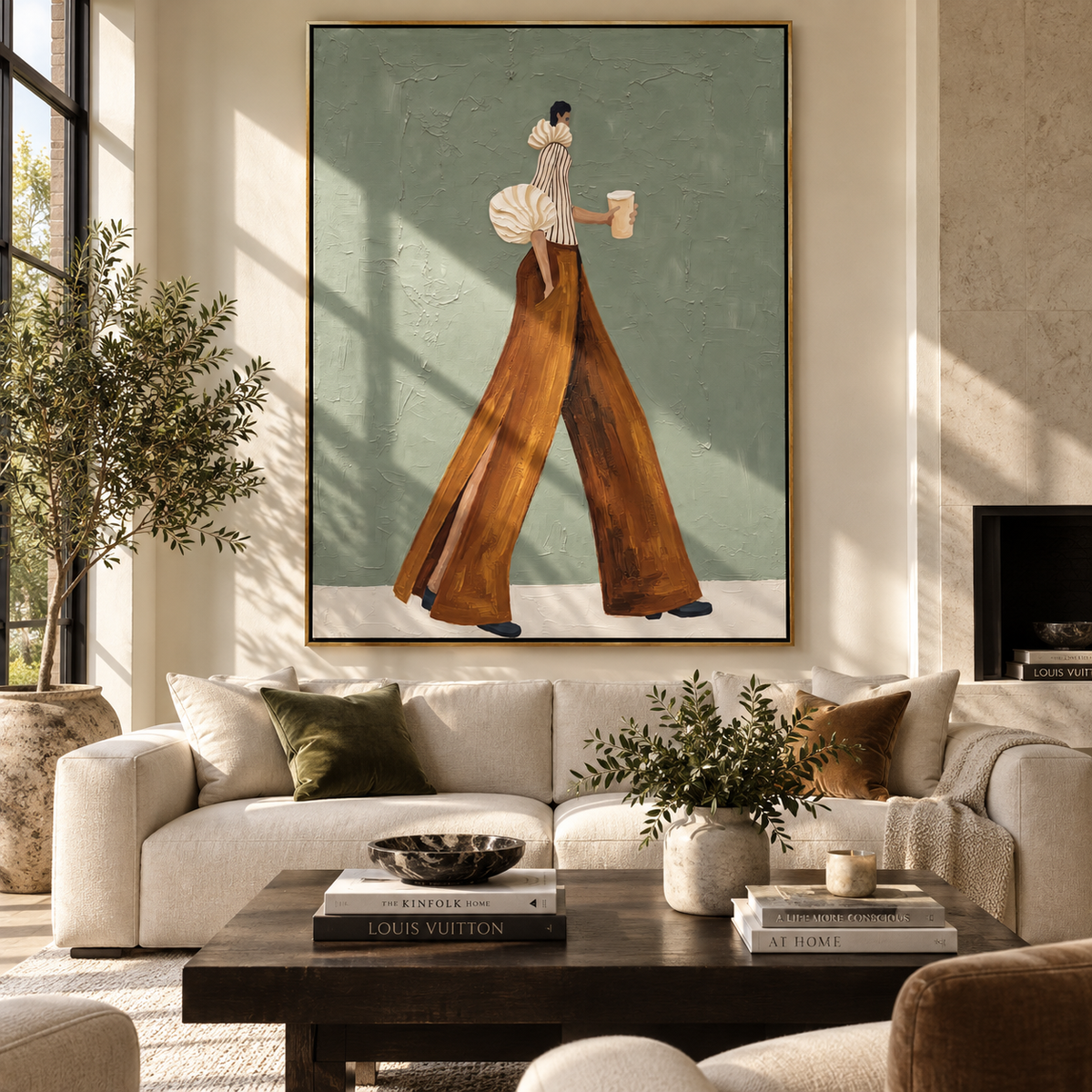 Sage Street Coffee – poised woman in a pale striped blouse and luminous rust trousers walking with a white coffee cup, displayed in a styled contemporary interior