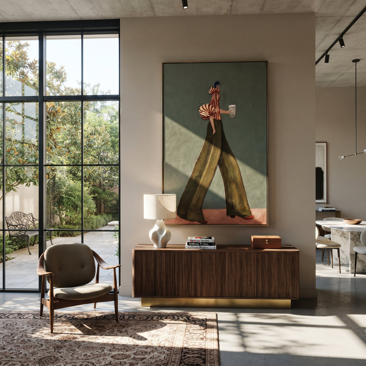 Striped Steps in Olive – textured woman artwork shown in an alternate modern room