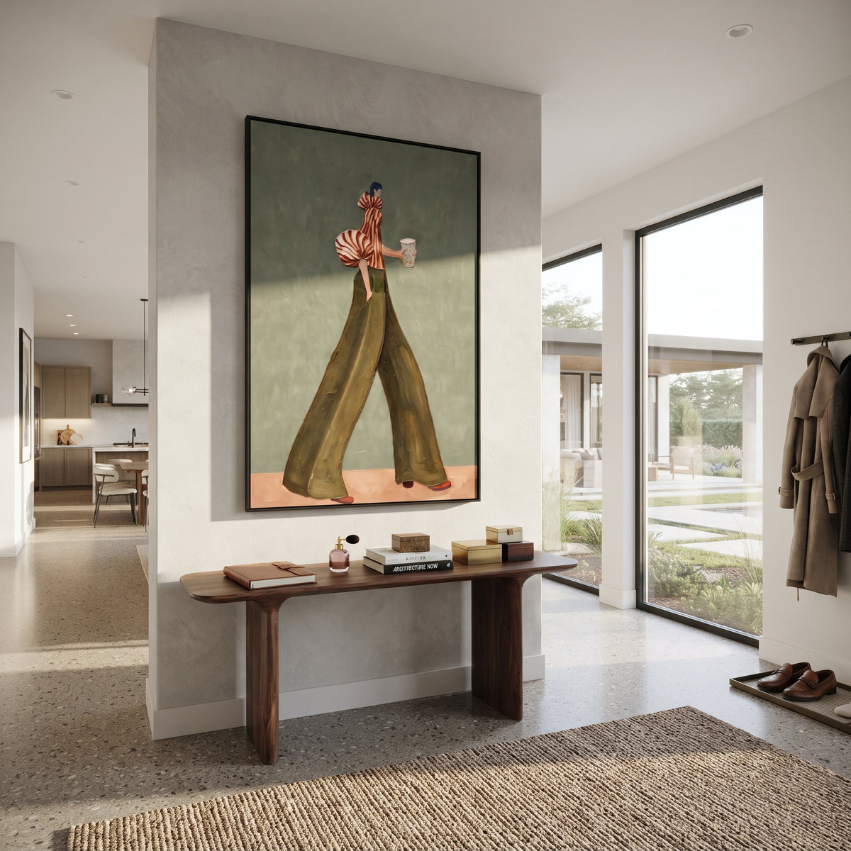 Striped Steps in Olive – mid-century woman painting displayed in a refined interior