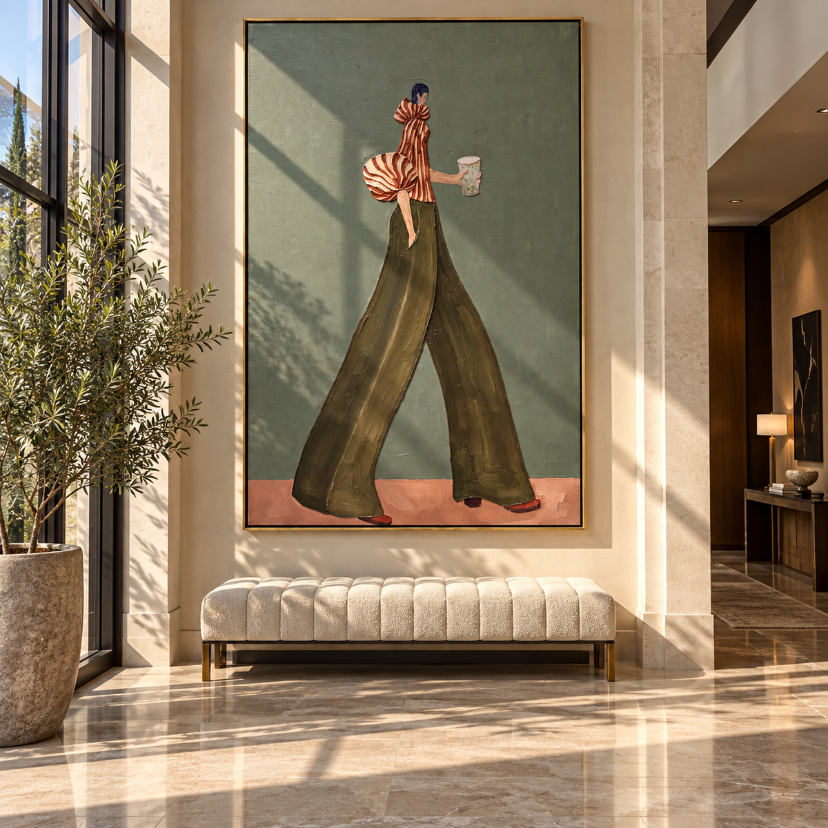 Striped Steps in Olive – textured vertical portrait presented in a coordinated room