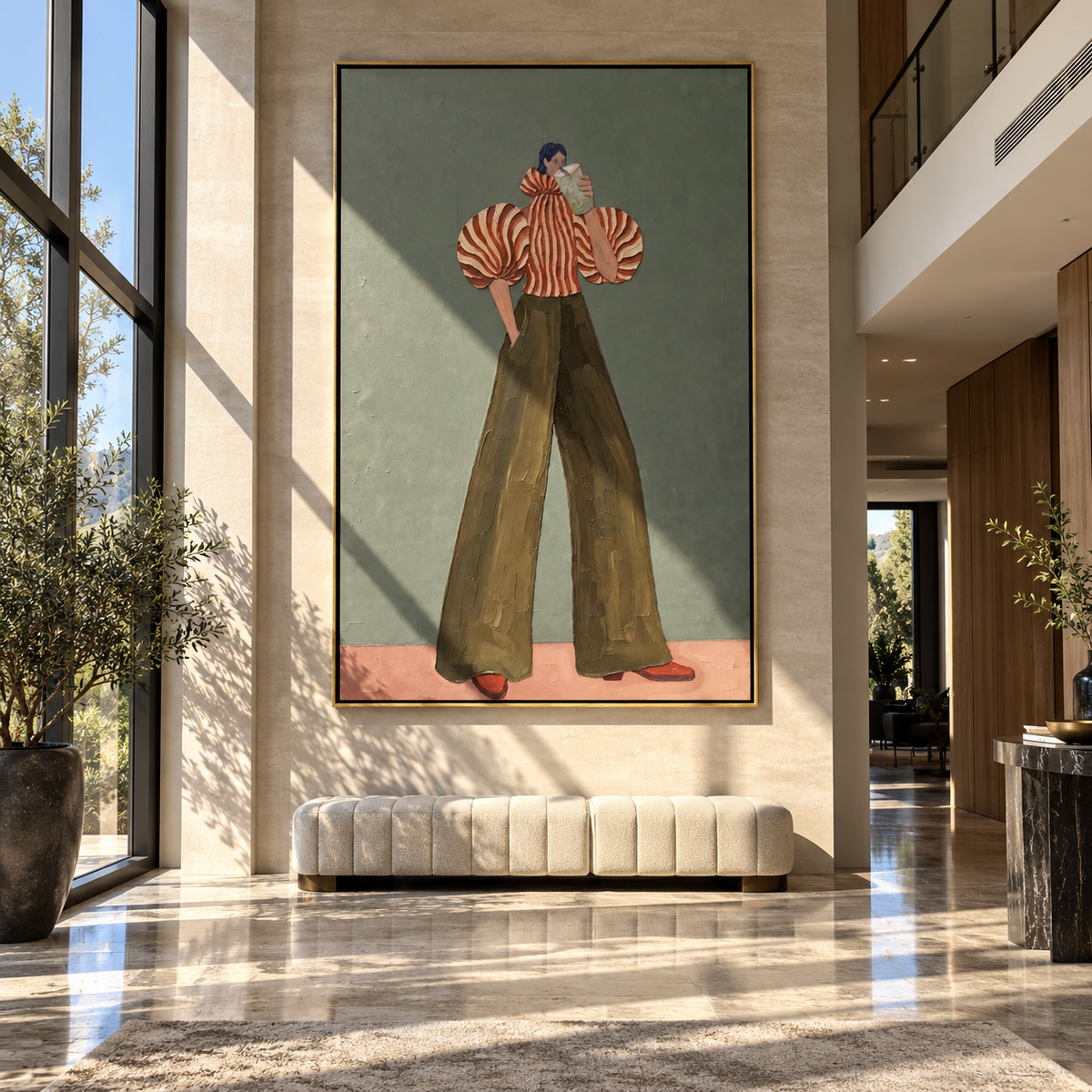 Puffed Stripes at Dusk – woman in an oversized red striped blouse and dark olive trousers pausing with a small cup, displayed in a styled contemporary interior