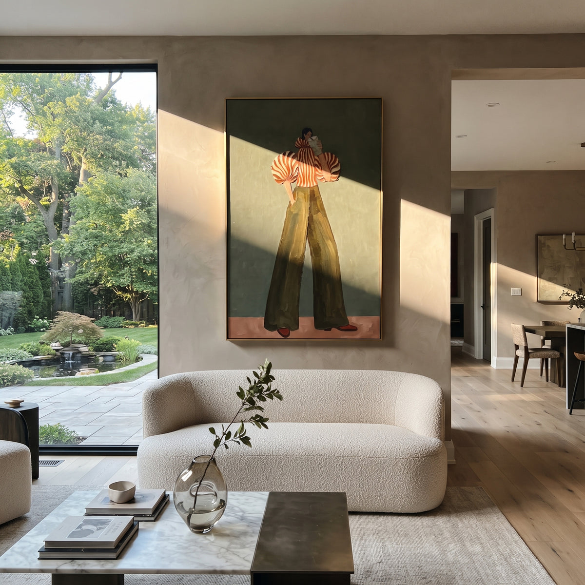 Puffed Stripes at Dusk – textured woman artwork shown in an alternate modern room