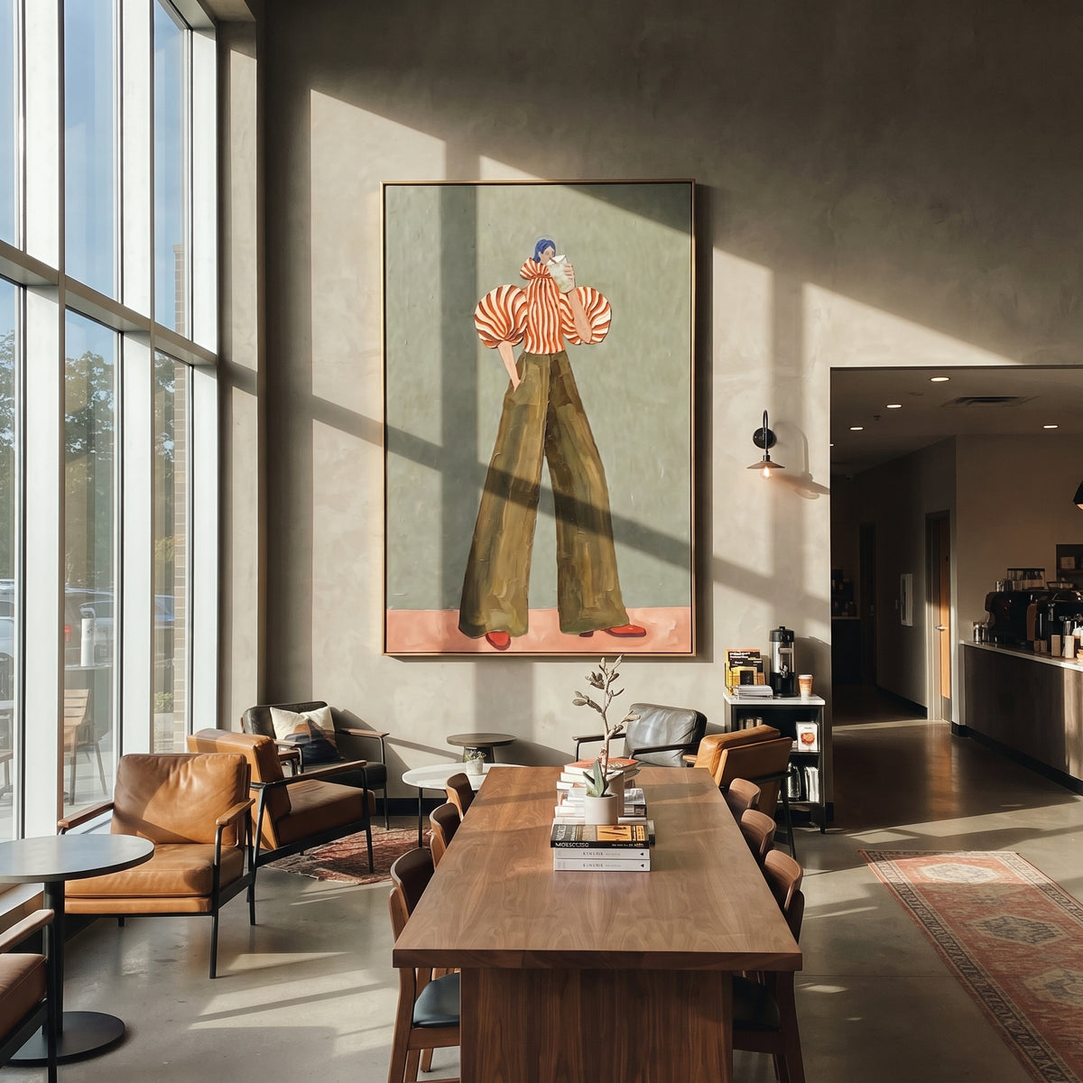 Puffed Stripes at Dusk – mid-century woman painting displayed in a refined interior