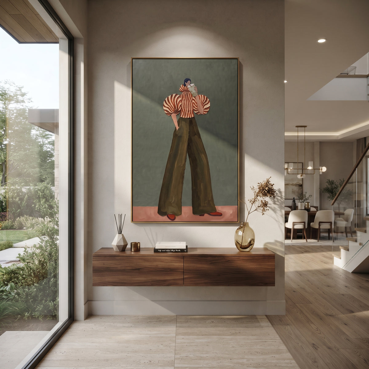 Puffed Stripes at Dusk – textured vertical portrait presented in a coordinated room