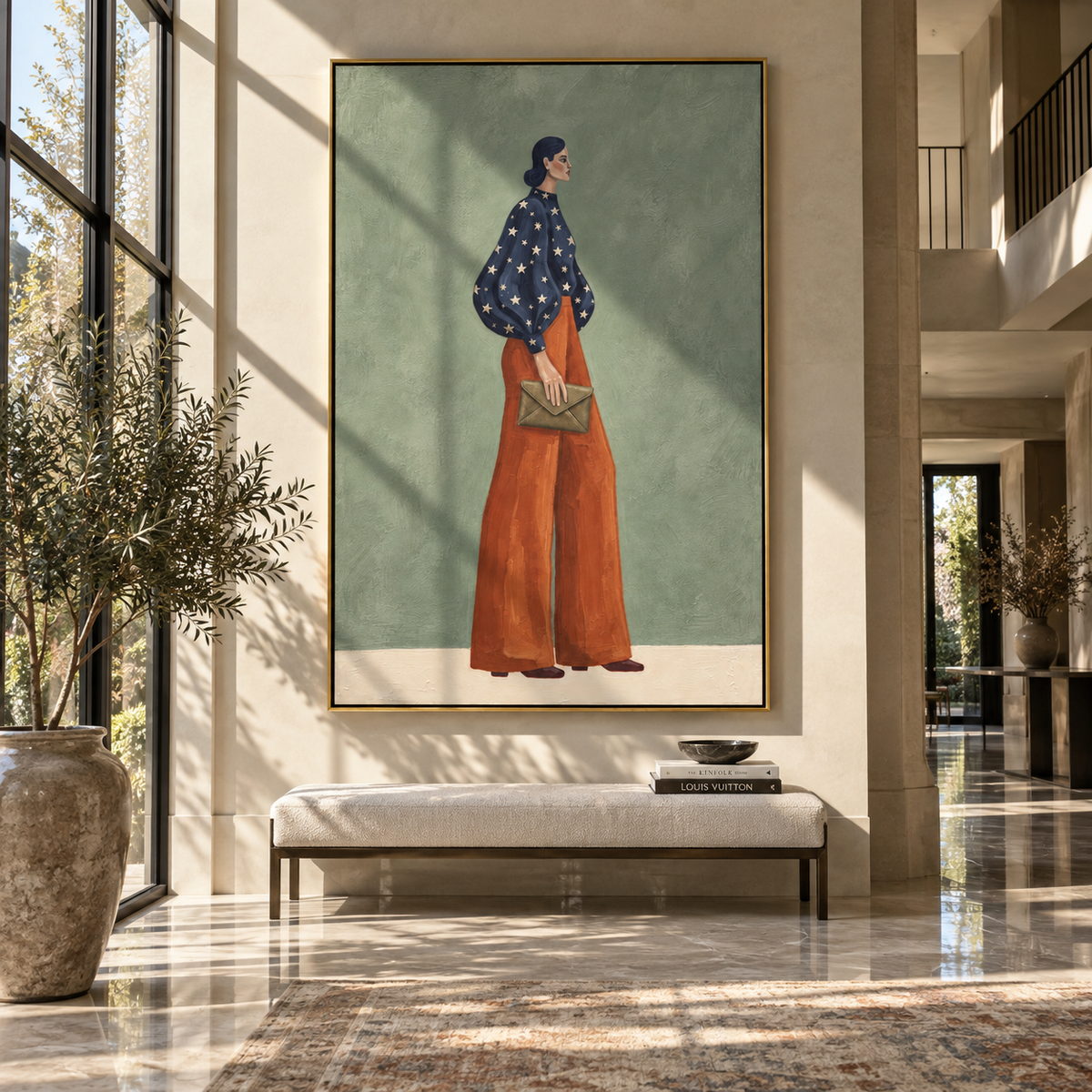 Polka Dots and Sage – woman in a navy polka-dot blouse and rust palazzo trousers carrying a small olive handbag, displayed in a styled contemporary interior
