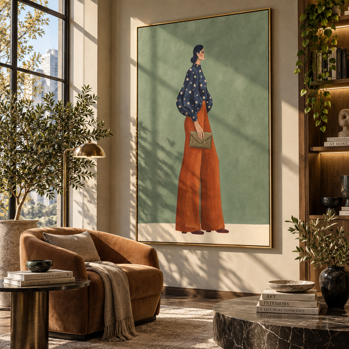Polka Dots and Sage – textured woman artwork shown in an alternate modern room