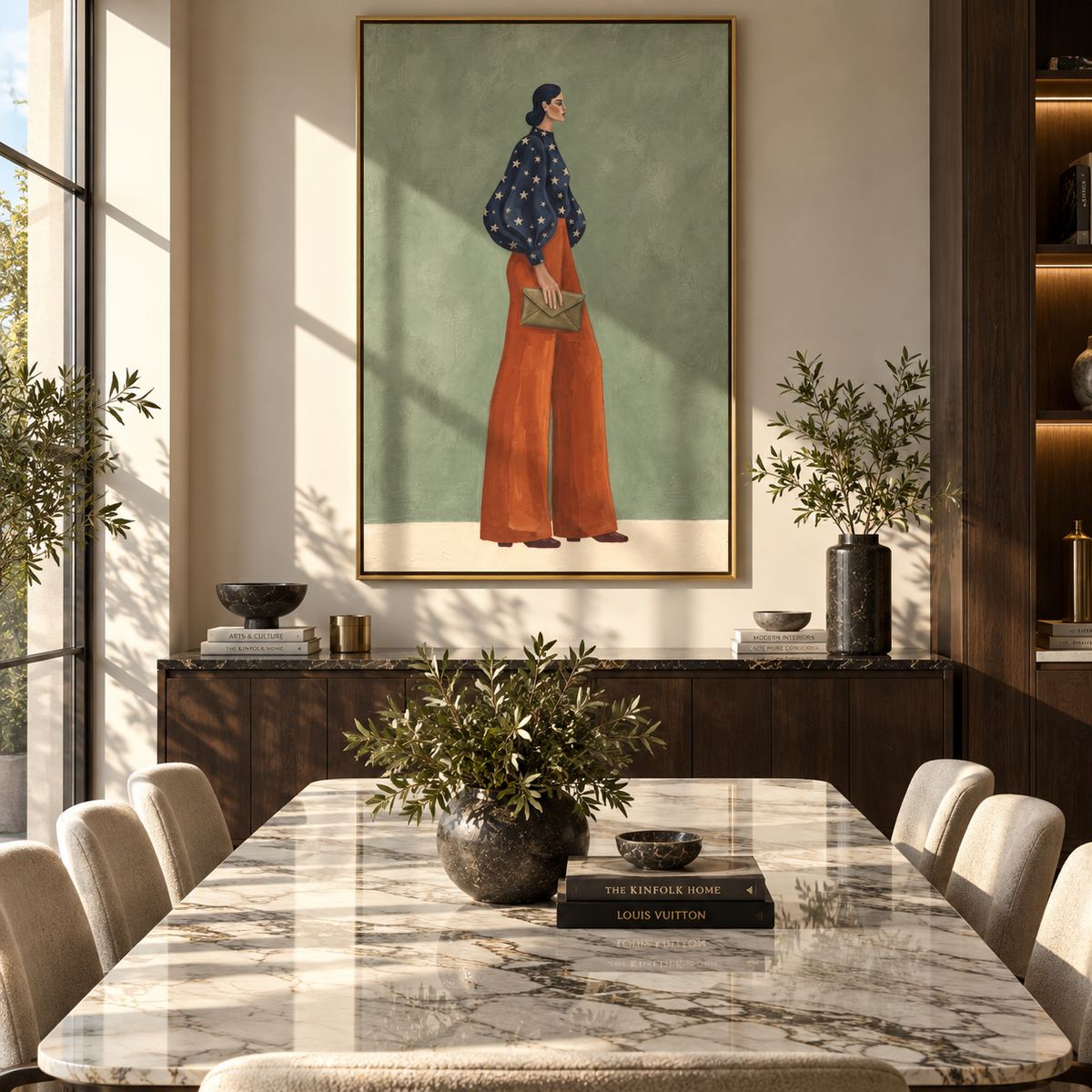 Polka Dots and Sage – vertical fashion wall art styled with contemporary furnishings