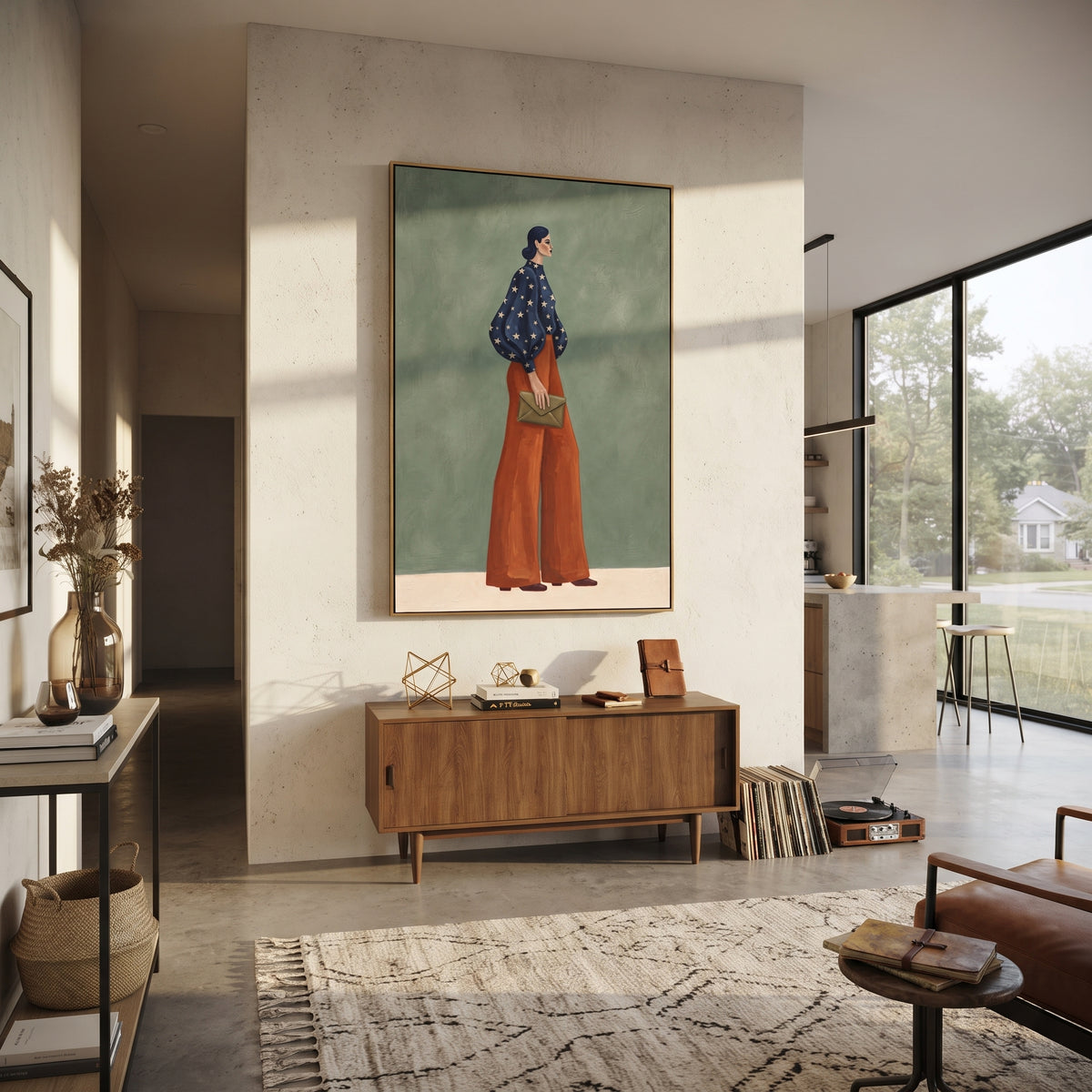 Polka Dots and Sage – mid-century woman painting displayed in a refined interior
