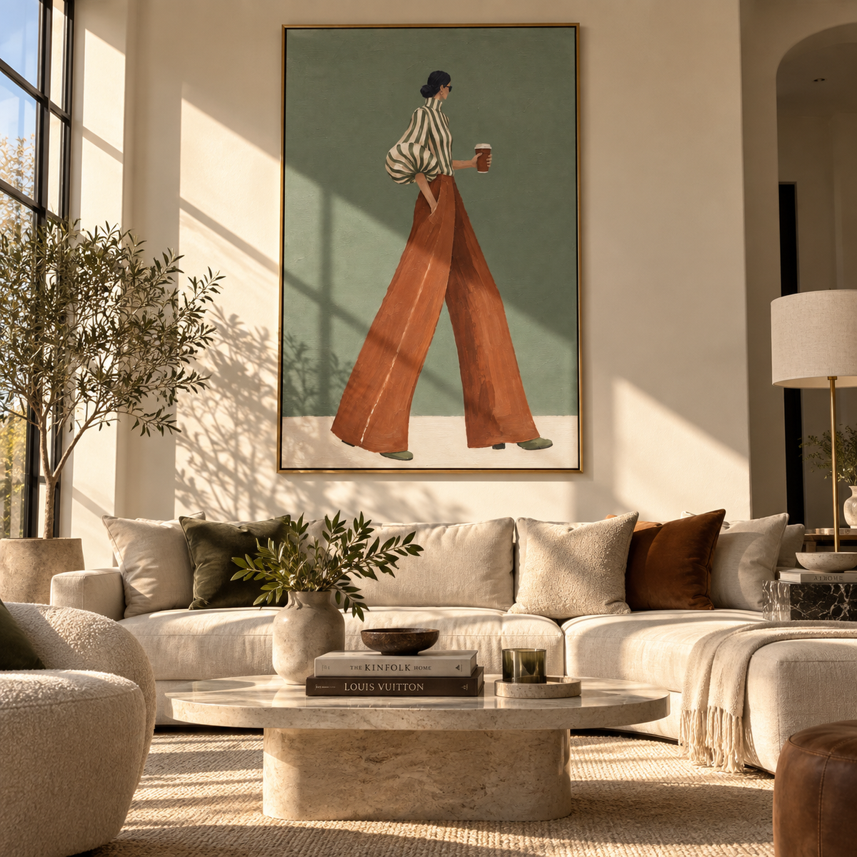 Green Stripes to Go – walking woman in a green striped puff-sleeve blouse and rust trousers carrying a red coffee cup, displayed in a styled contemporary interior