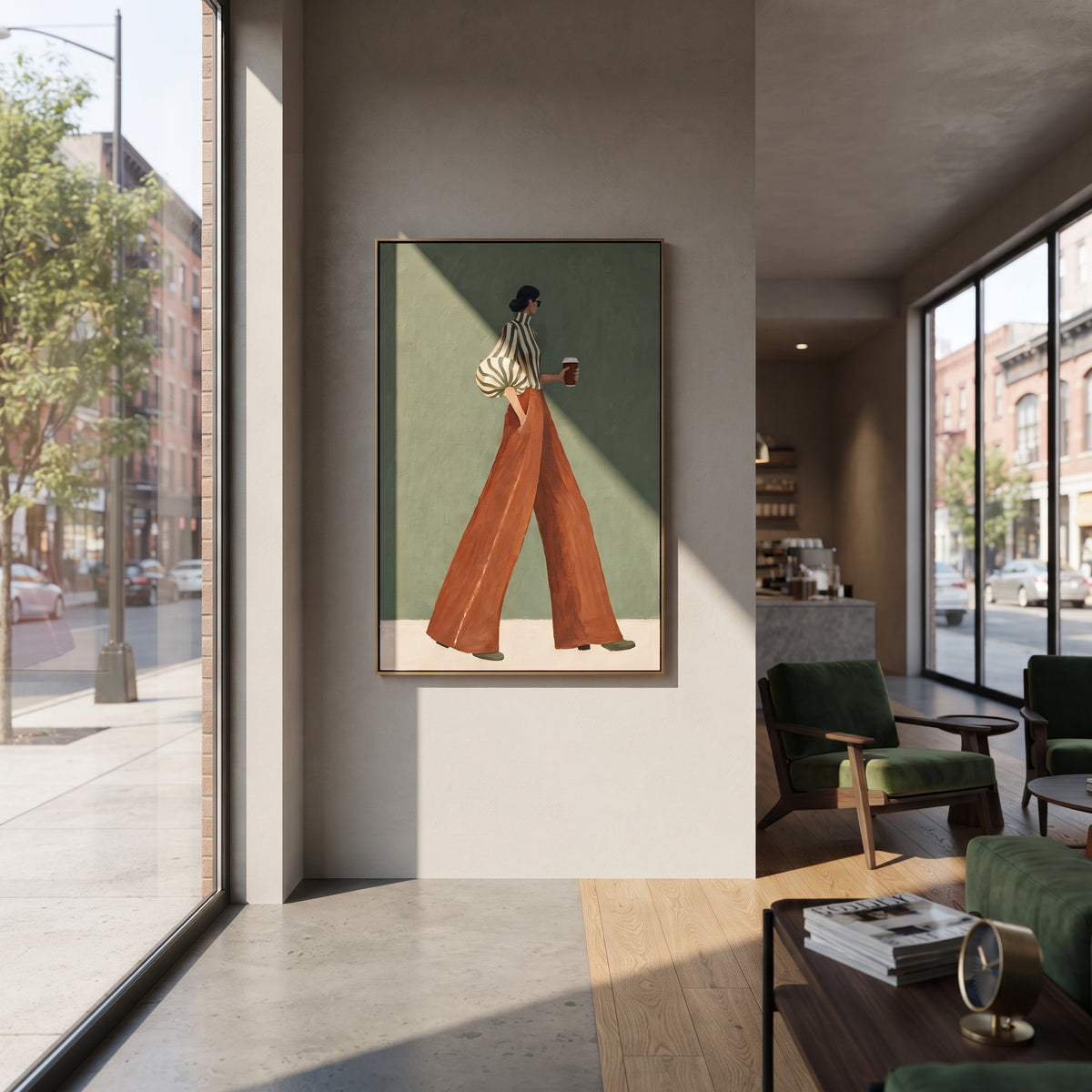 Green Stripes to Go – vertical fashion wall art styled with contemporary furnishings