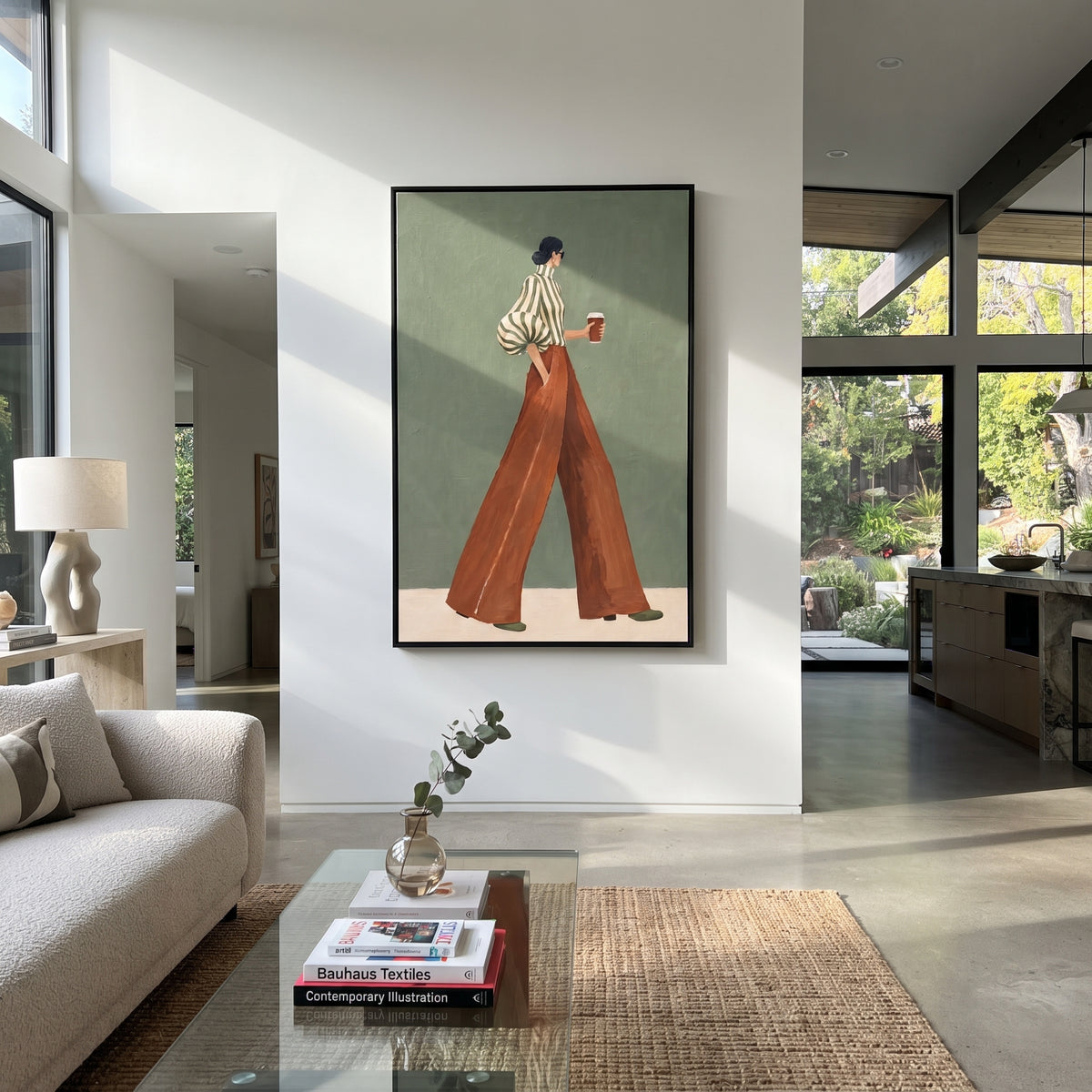 Green Stripes to Go – mid-century woman painting displayed in a refined interior