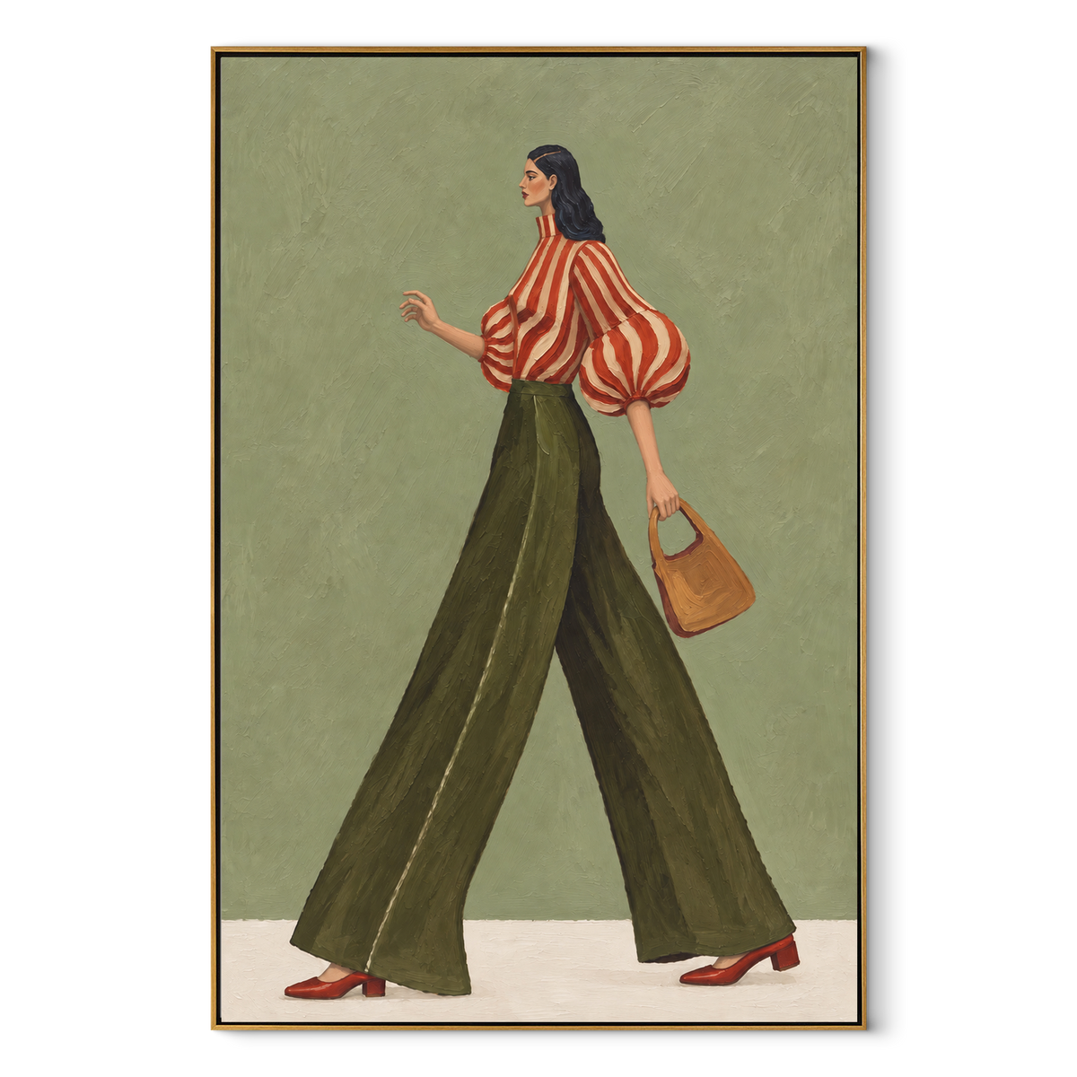 Scarlet Stripes in Motion – vertical retro fashion painting in a wood frame on white
