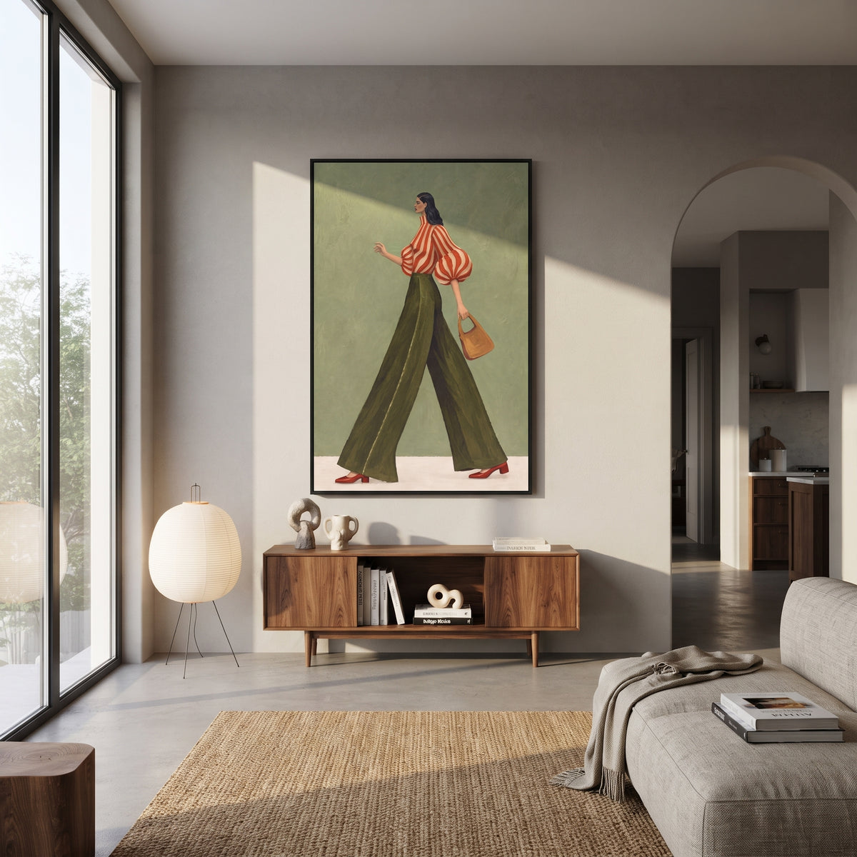 Scarlet Stripes in Motion – textured woman artwork shown in an alternate modern room