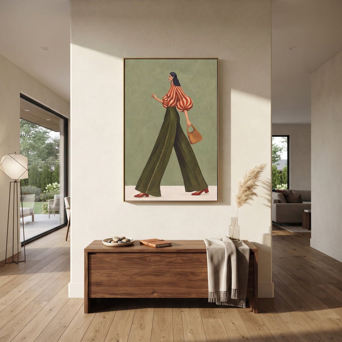 Scarlet Stripes in Motion – vertical fashion wall art styled with contemporary furnishings