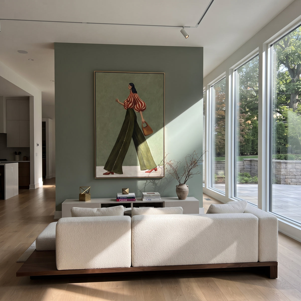 Scarlet Stripes in Motion – mid-century woman painting displayed in a refined interior