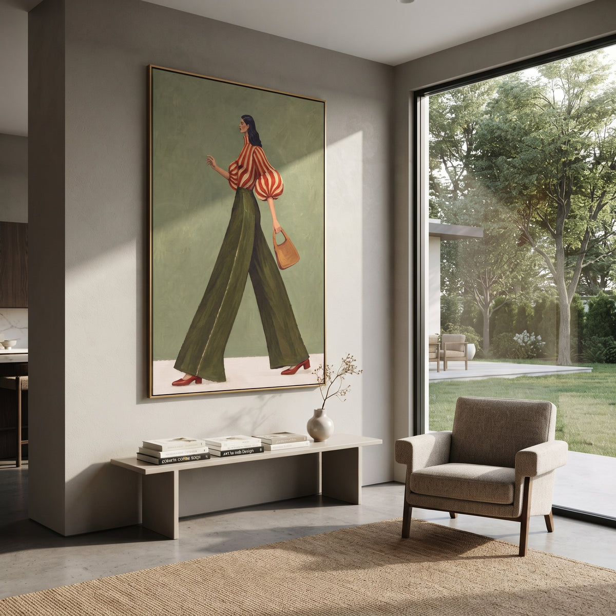 Scarlet Stripes in Motion – textured vertical portrait presented in a coordinated room