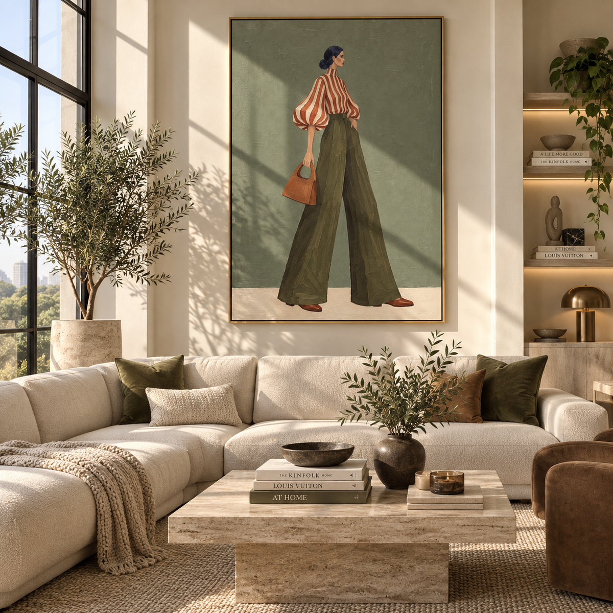 Olive Walk Red Stripes – dark-haired woman in a red striped puff blouse and deep olive trousers carrying a structured brown handbag, displayed in a styled contemporary interior