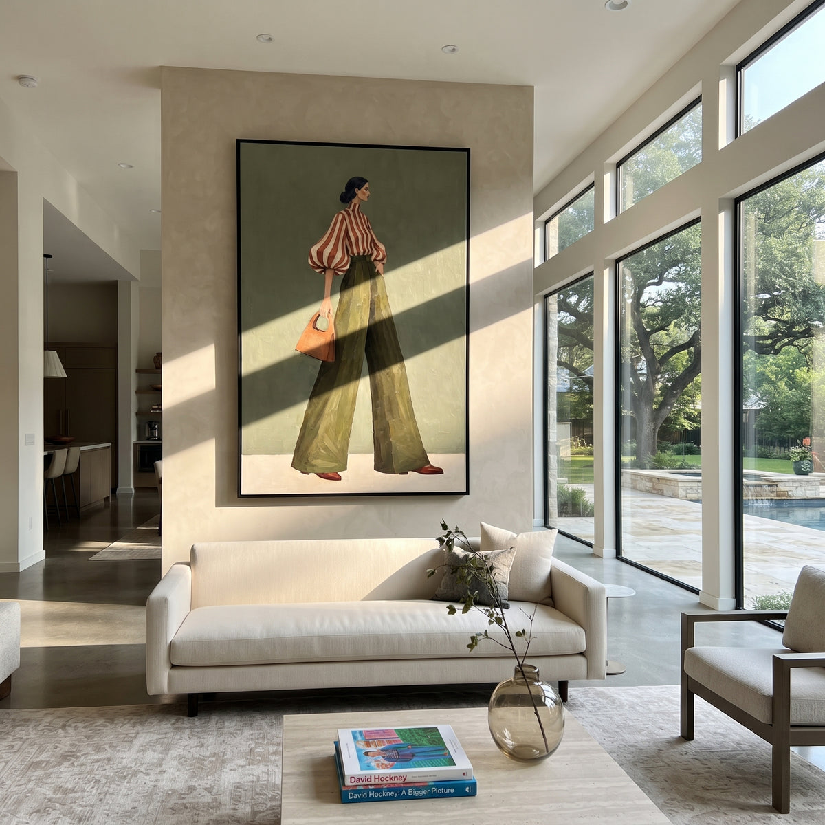 Olive Walk Red Stripes – textured woman artwork shown in an alternate modern room