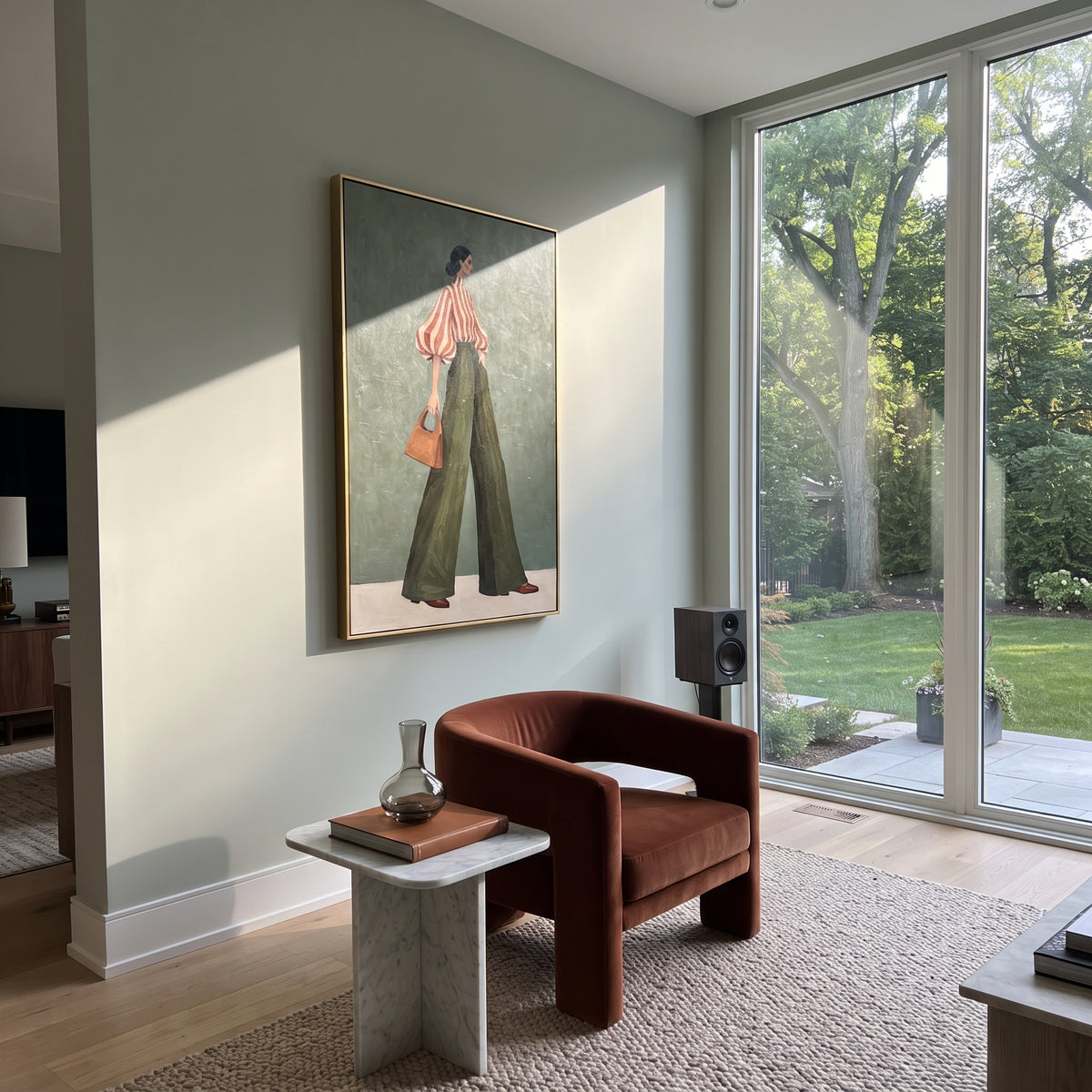 Olive Walk Red Stripes – vertical fashion wall art styled with contemporary furnishings